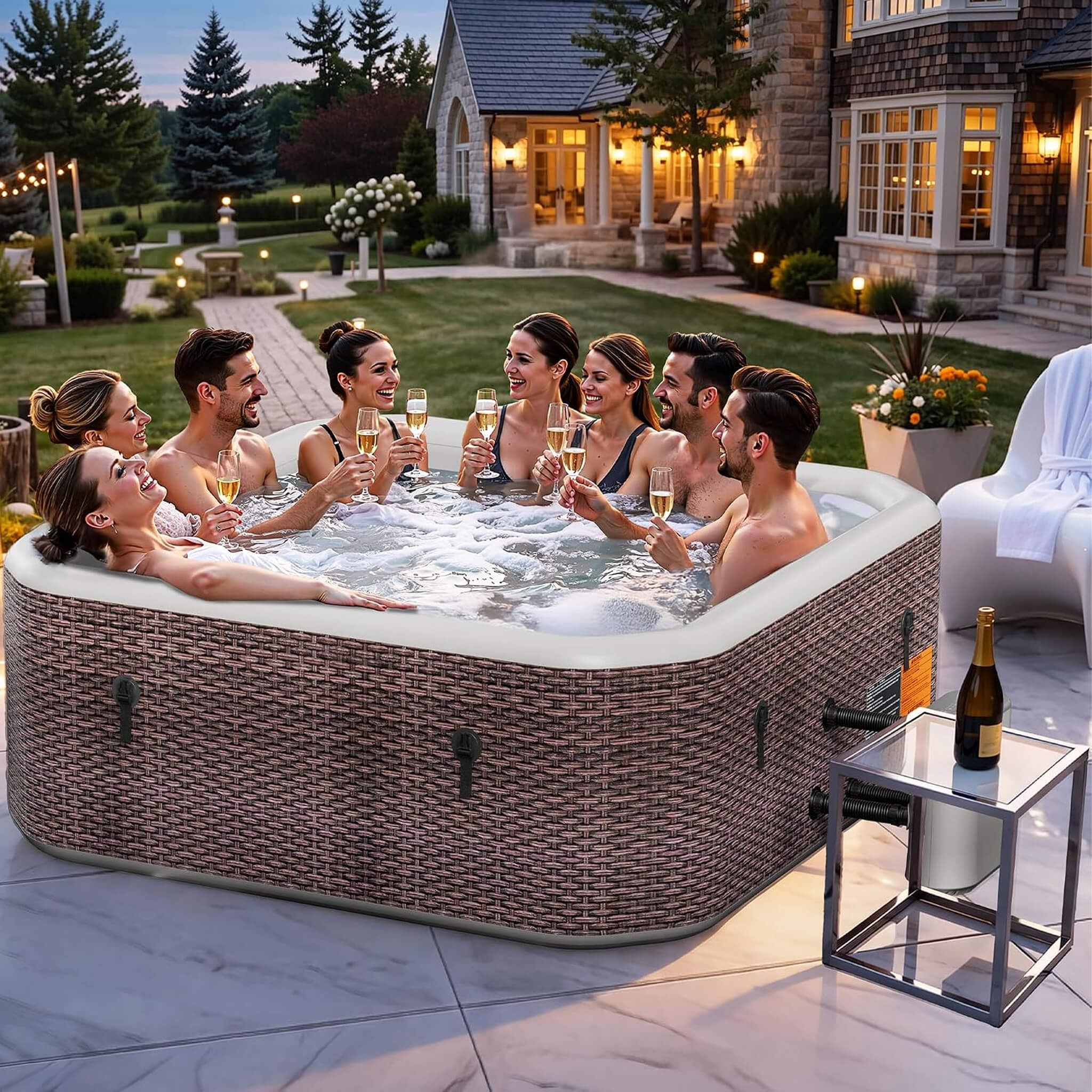 Premium 85-Inch Portable 8-Person Classic Rattan Design Inflatable Square Hot Tub With 220 Massage Jets (SAK56871)