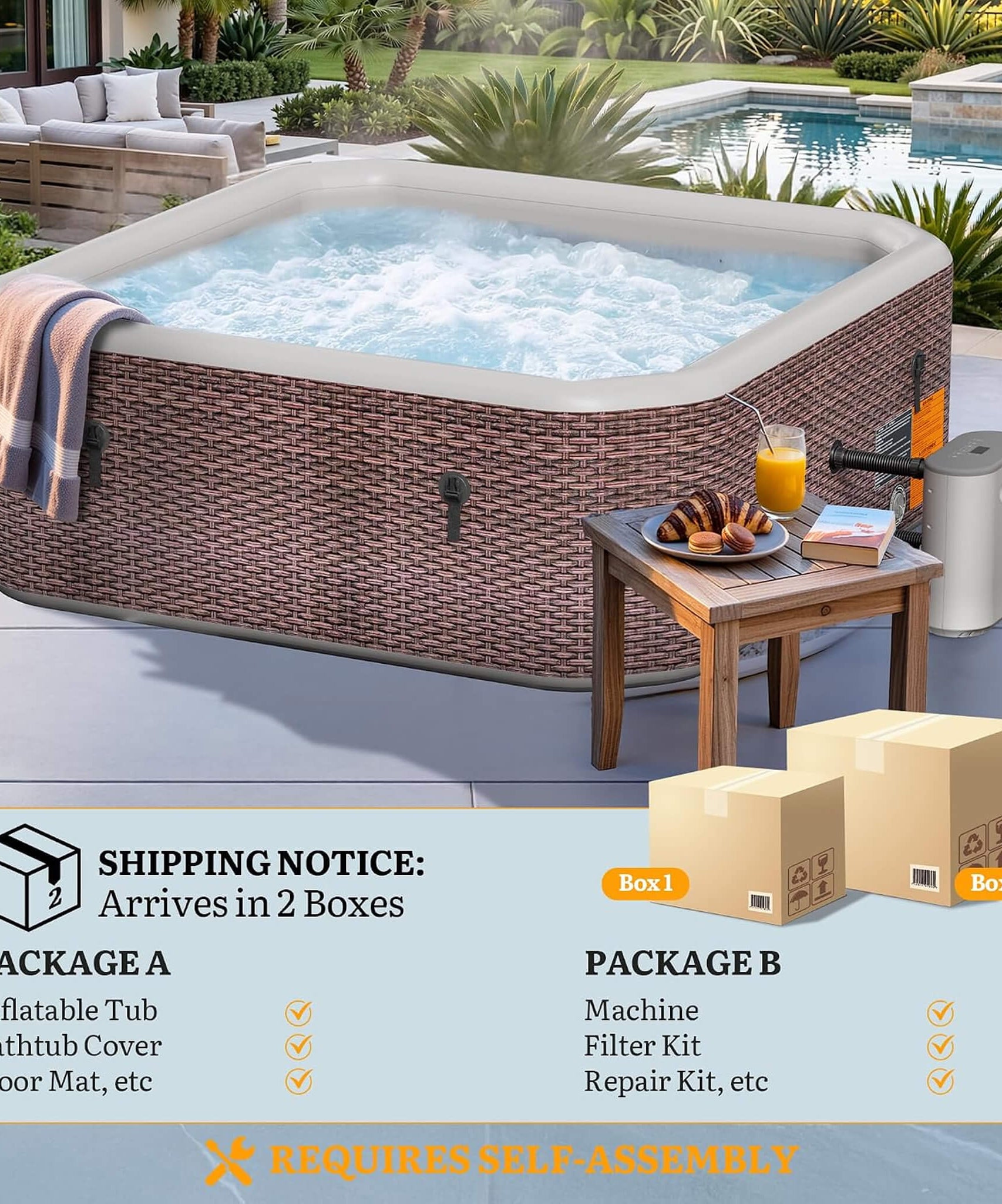 Premium 85-Inch Portable 8-Person Classic Rattan Design Inflatable Square Hot Tub With 220 Massage Jets (SAK56871)