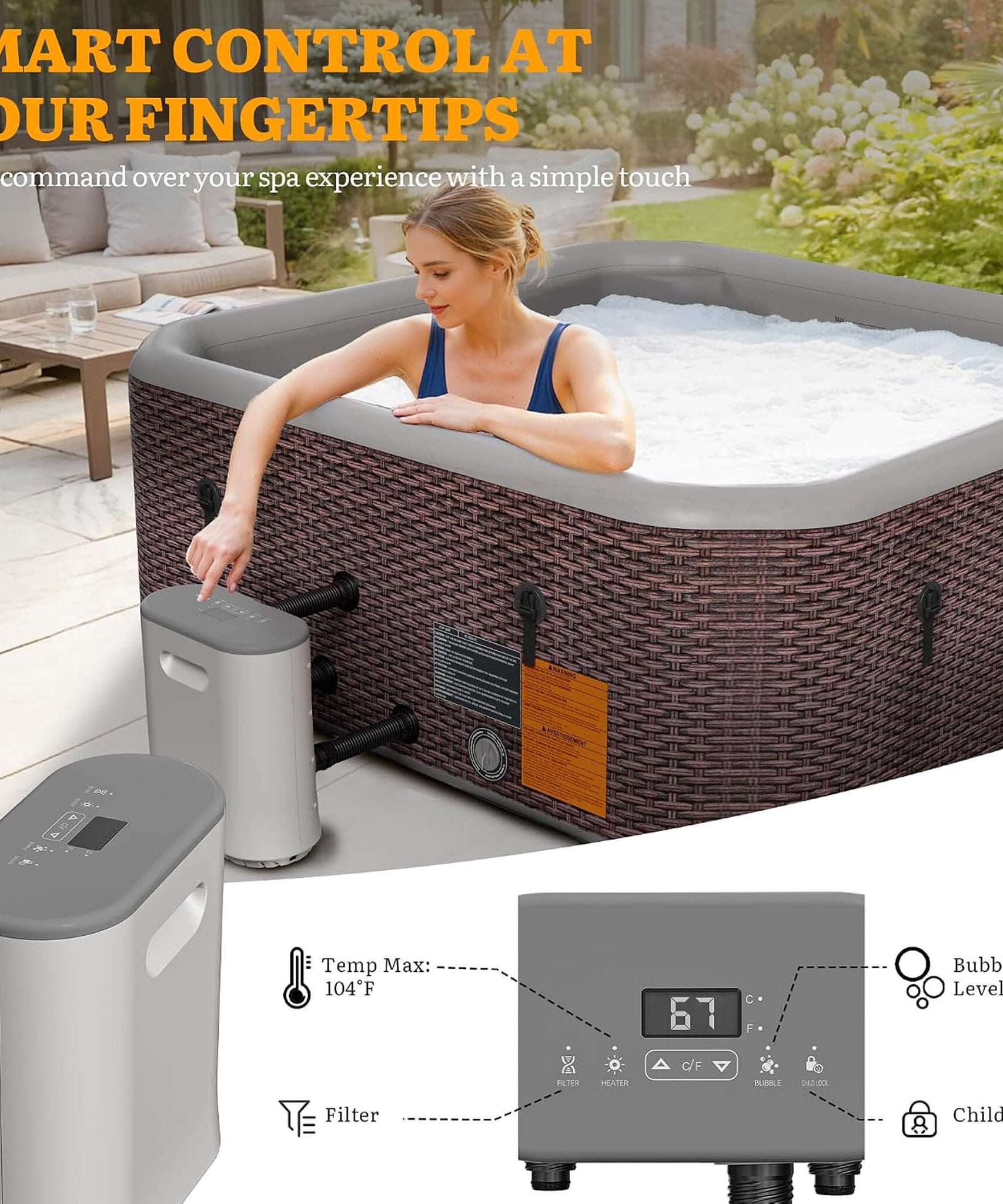 Premium 85-Inch Portable 8-Person Classic Rattan Design Inflatable Square Hot Tub With 220 Massage Jets (SAK56871)