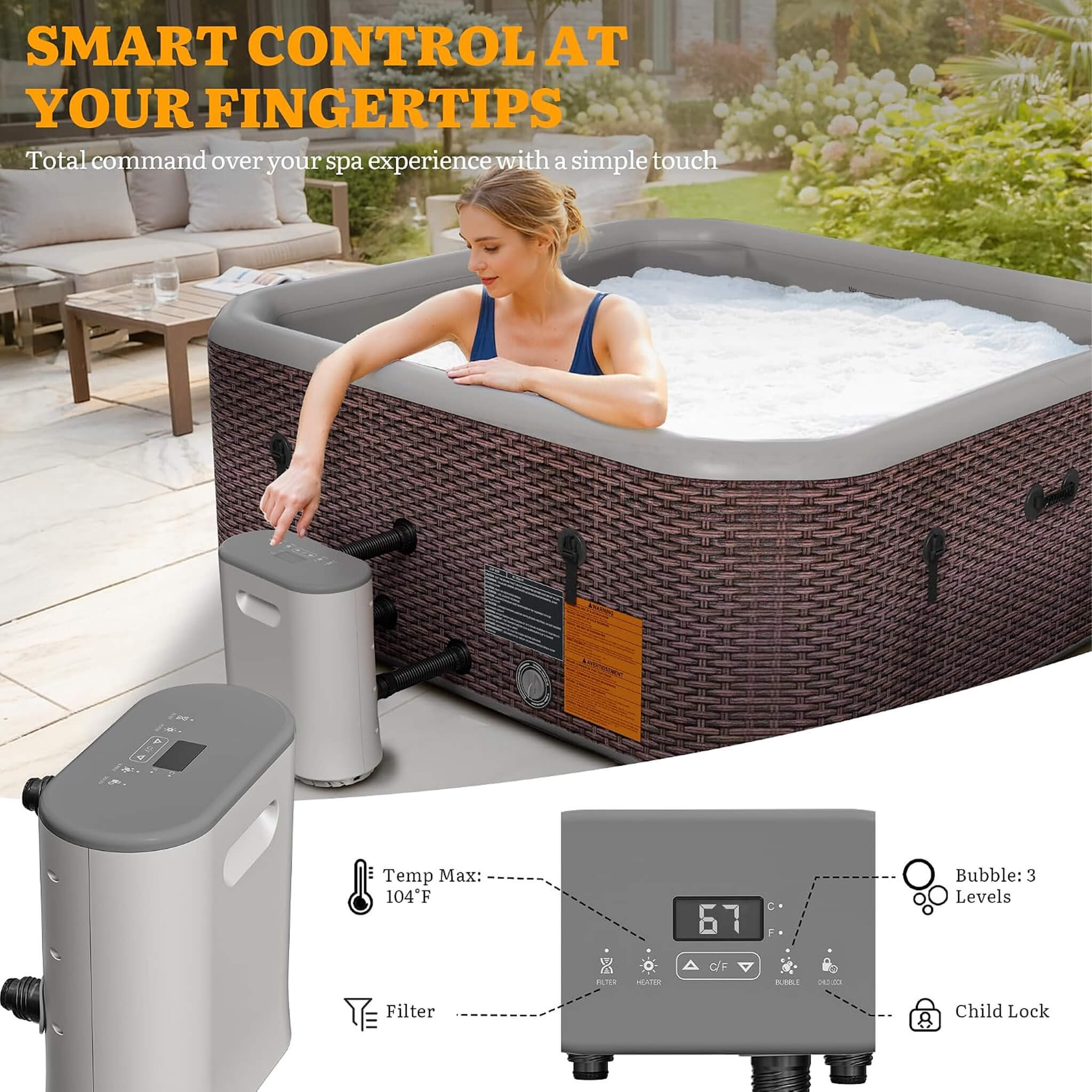Premium 85-Inch Portable 8-Person Classic Rattan Design Inflatable Square Hot Tub With 220 Massage Jets (SAK56871)