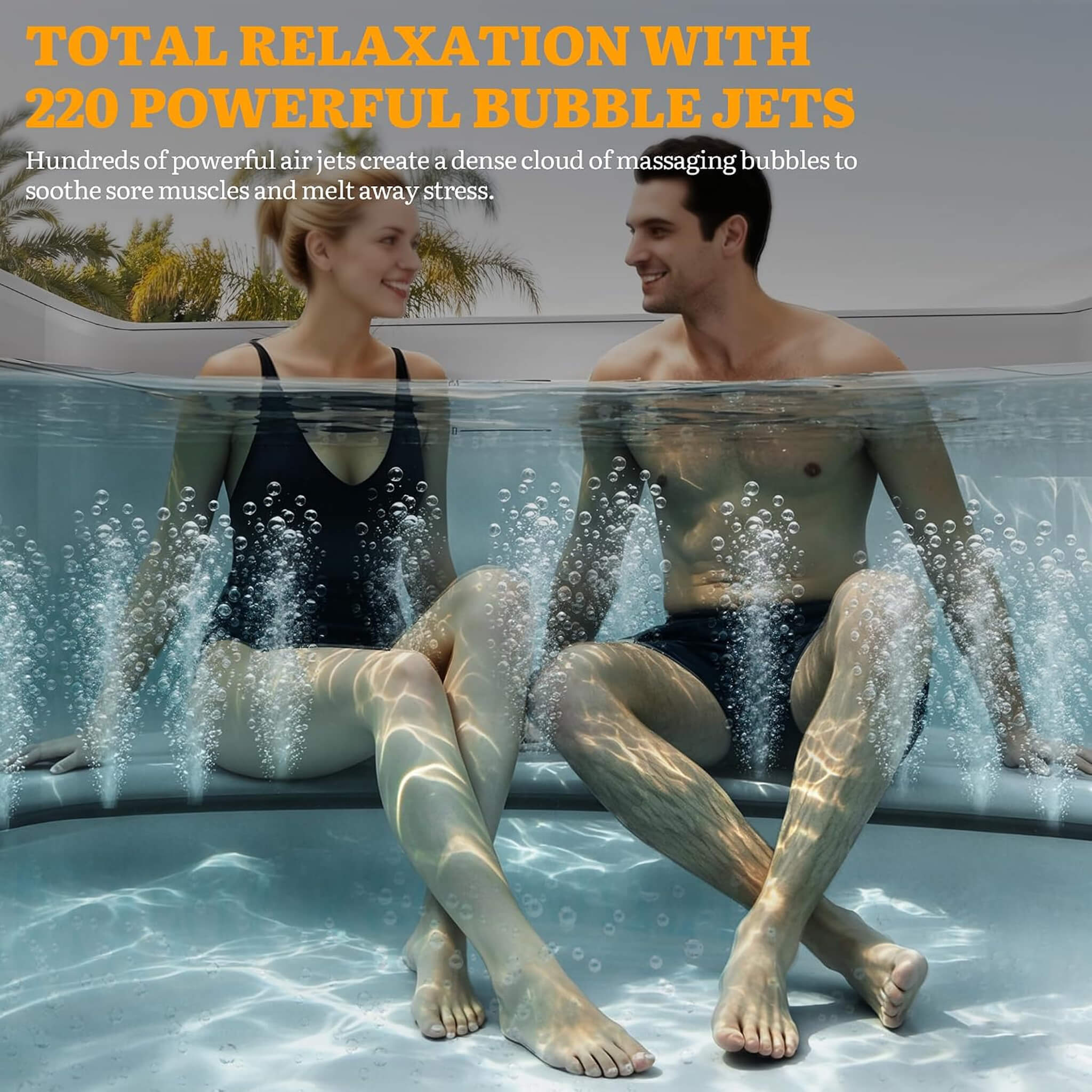Premium 85-Inch Portable 8-Person Natural Stone Design Inflatable Square Hot Tub With 220 Massage Jets (SAK62731)