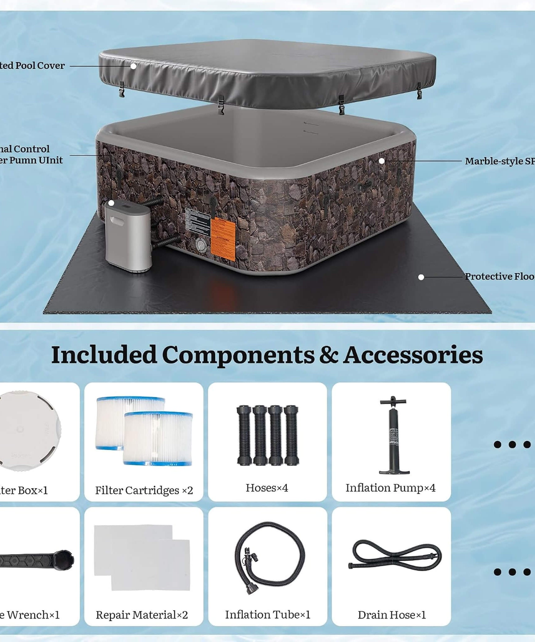 Premium 85-Inch Portable 8-Person Natural Stone Design Inflatable Square Hot Tub With 220 Massage Jets (SAK62731)