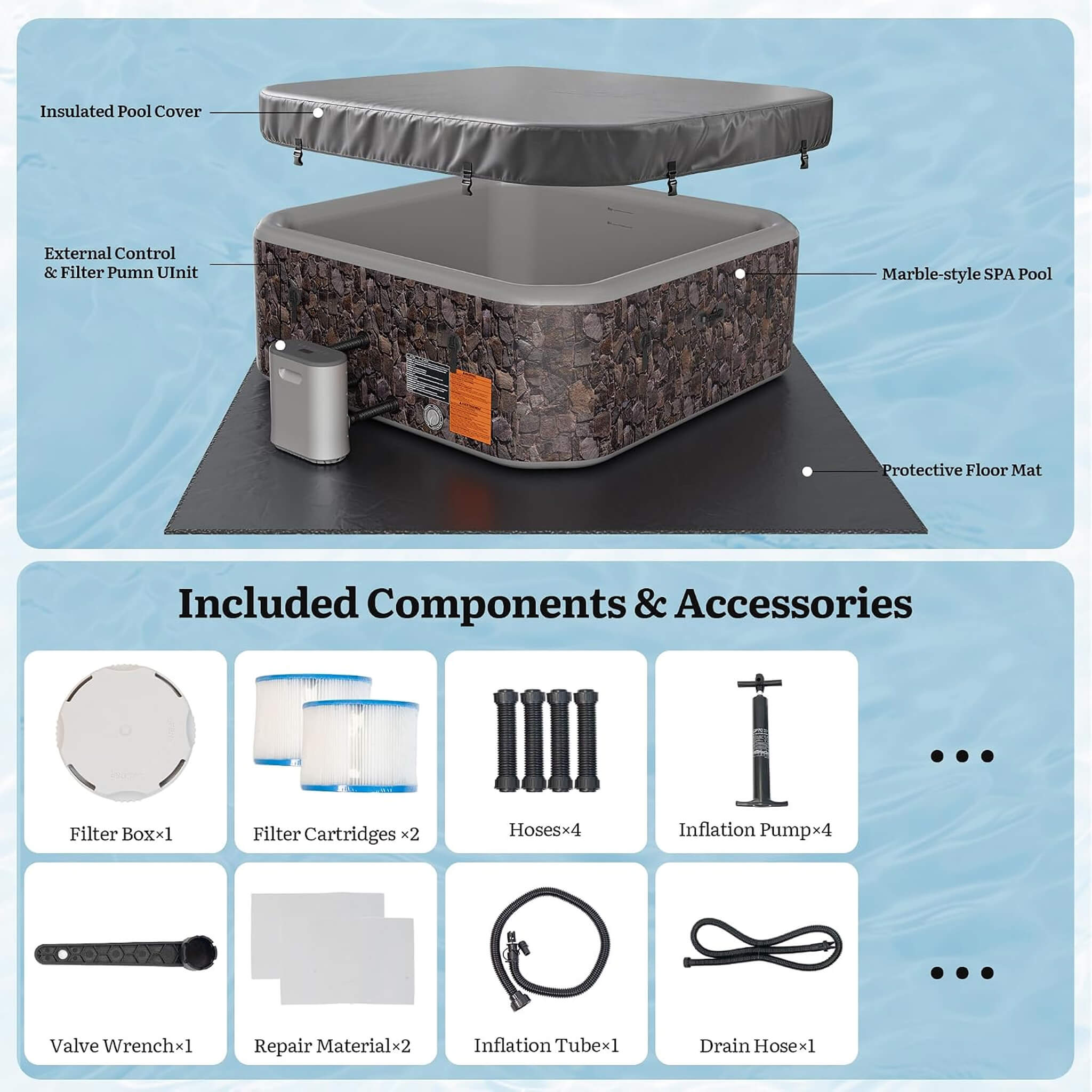 Premium 85-Inch Portable 8-Person Natural Stone Design Inflatable Square Hot Tub With 220 Massage Jets (SAK62731)