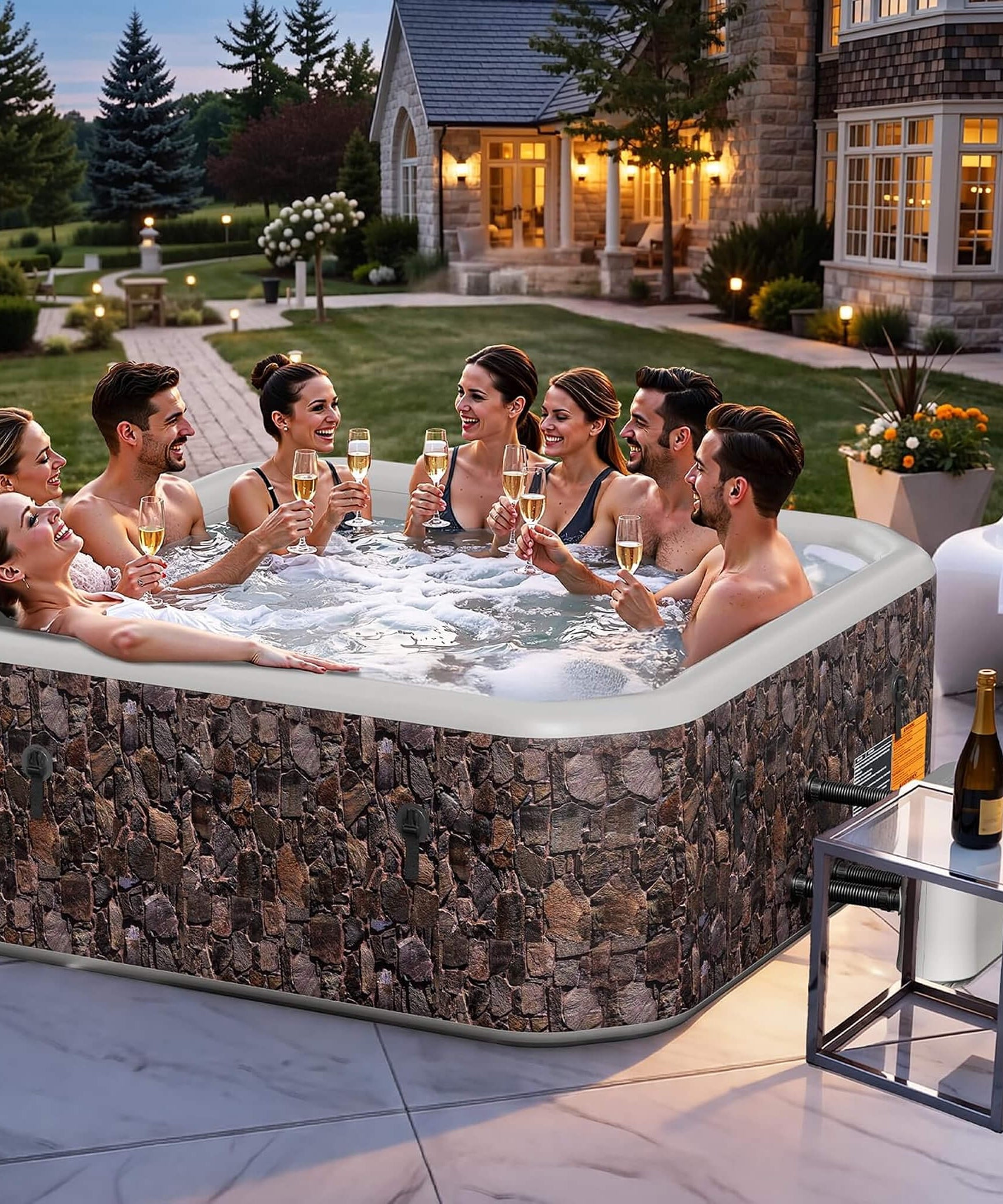 Premium 85-Inch Portable 8-Person Natural Stone Design Inflatable Square Hot Tub With 220 Massage Jets (SAK62731)