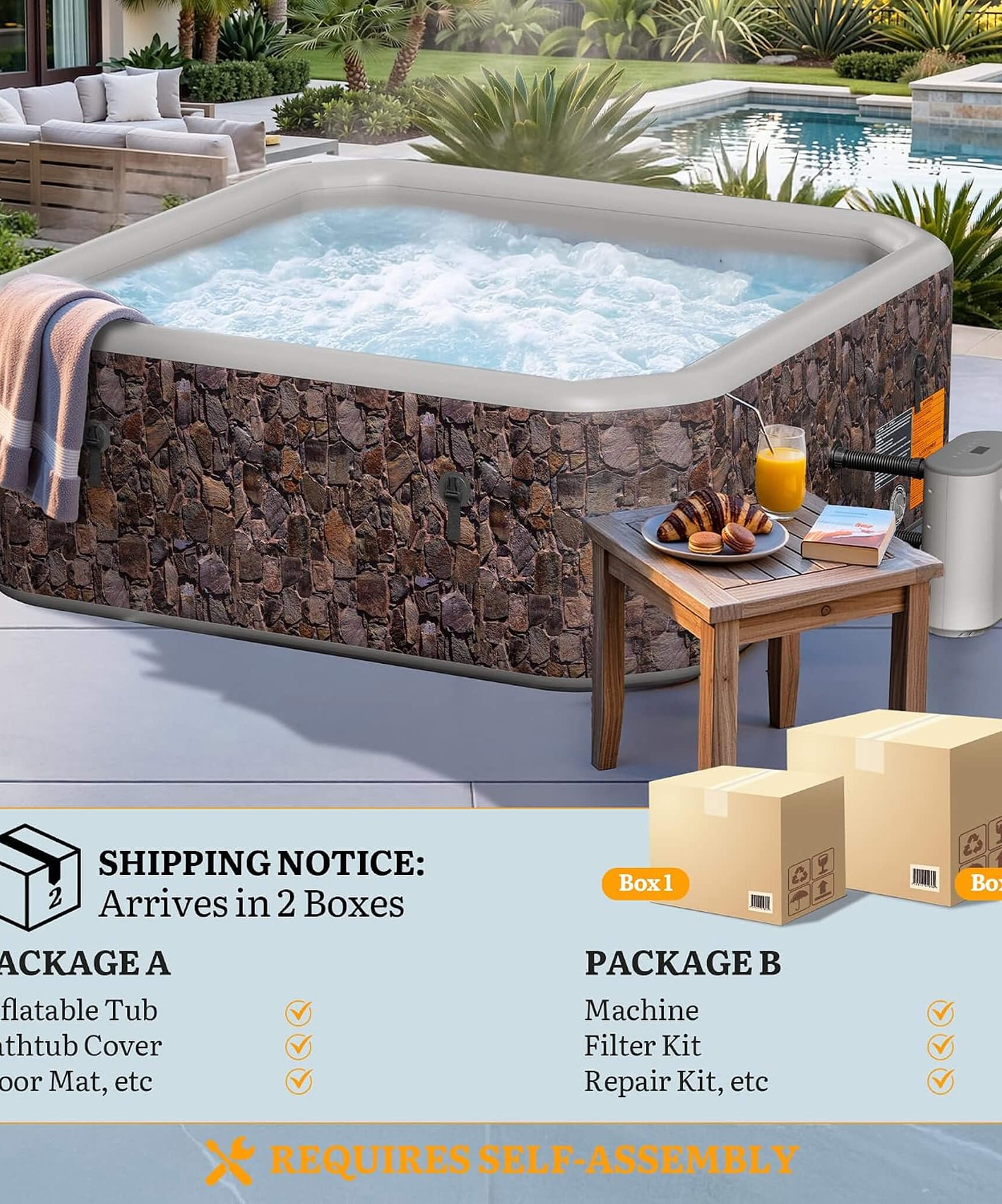 Premium 85-Inch Portable 8-Person Natural Stone Design Inflatable Square Hot Tub With 220 Massage Jets (SAK62731)