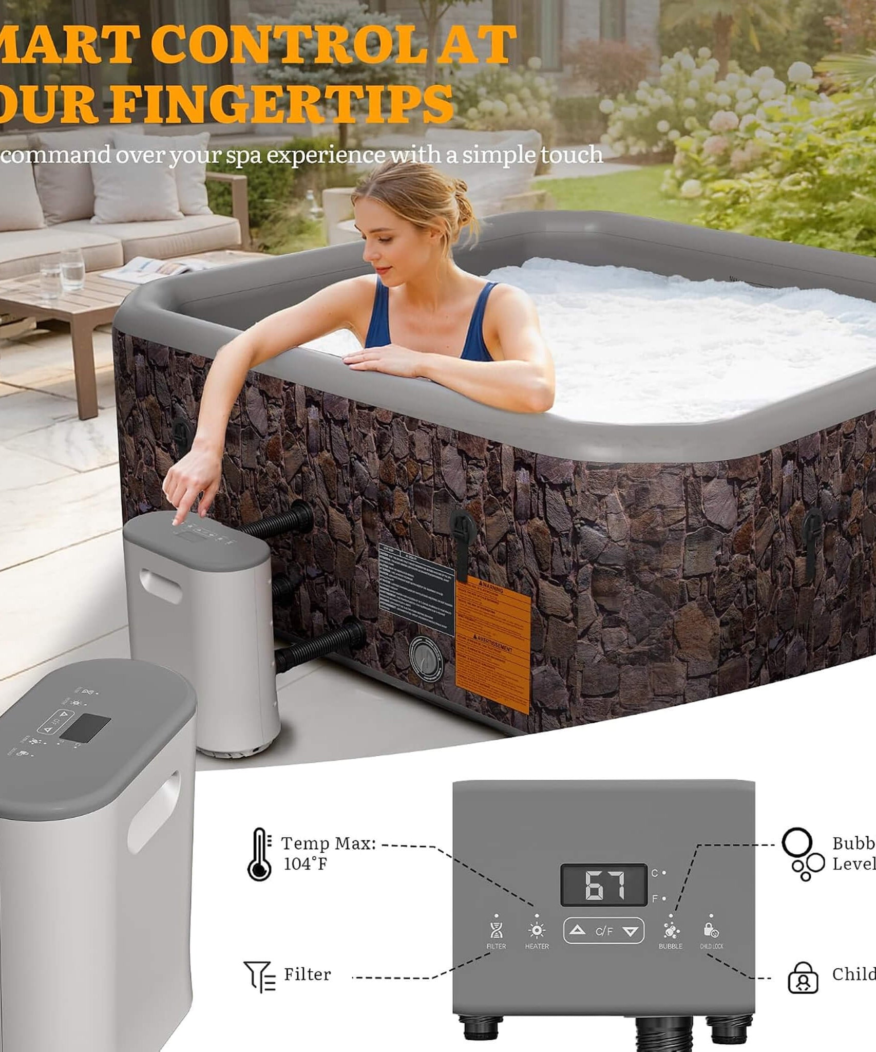 Premium 85-Inch Portable 8-Person Natural Stone Design Inflatable Square Hot Tub With 220 Massage Jets (SAK62731)