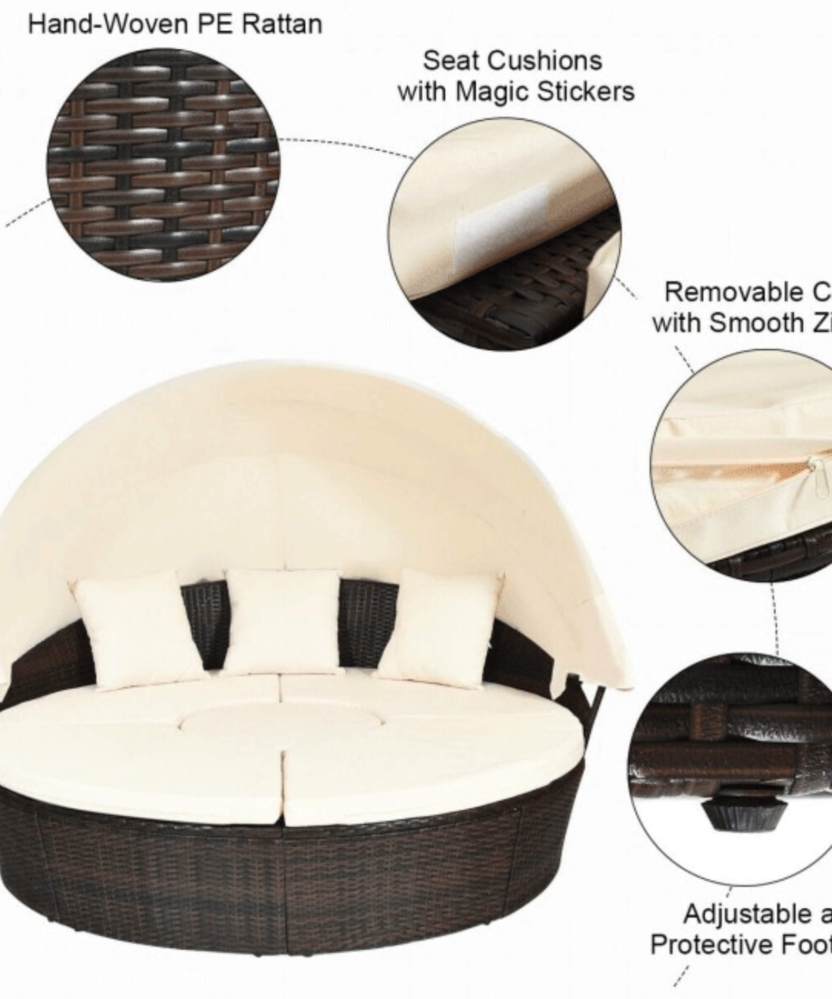Alora Premium 76-Inch Round Outdoor Patio Rattan Daybed W/ Canopy & Table (SAK96418)