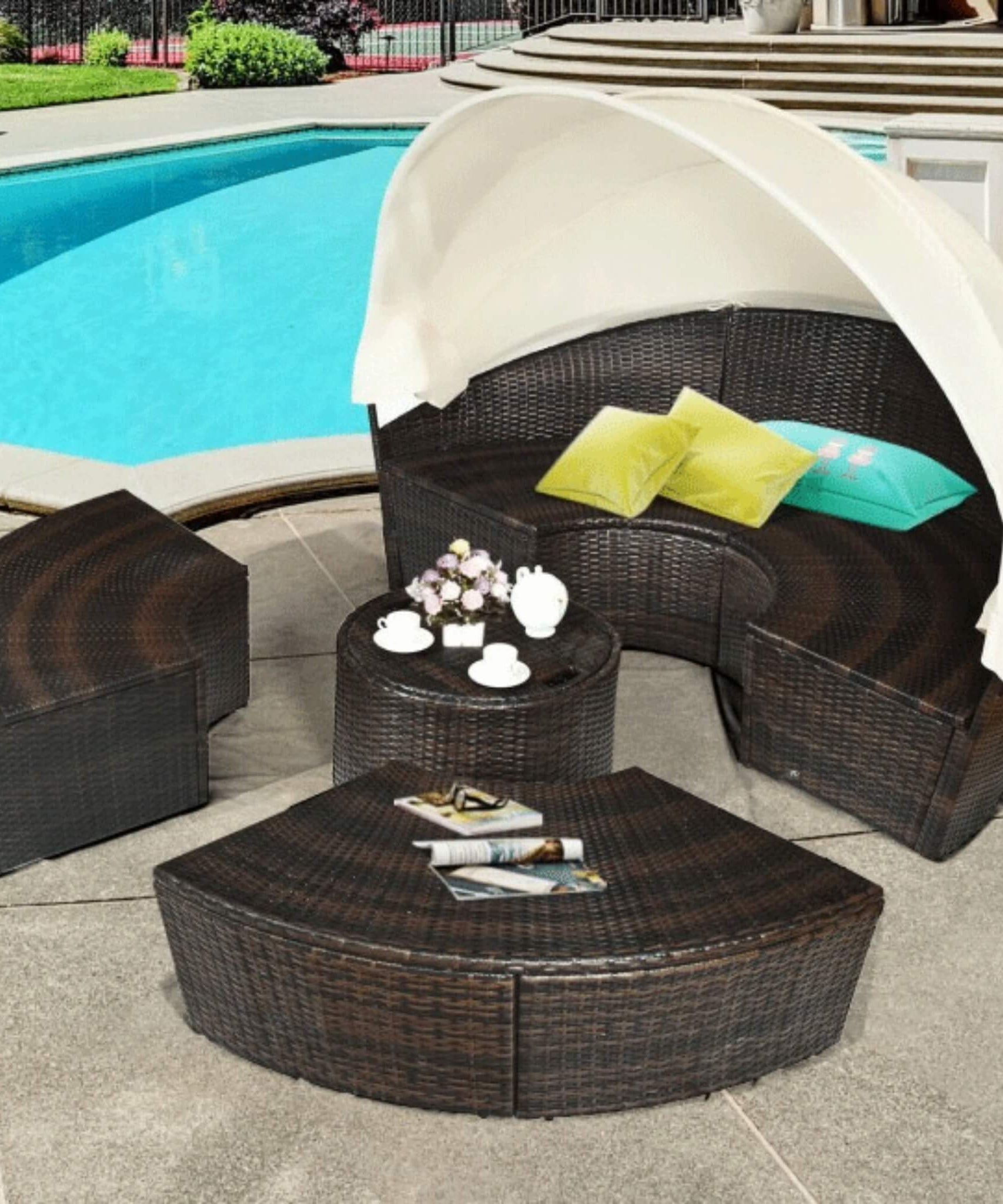 Alora Premium 76-Inch Round Outdoor Patio Rattan Daybed W/ Canopy & Table (SAK96418)