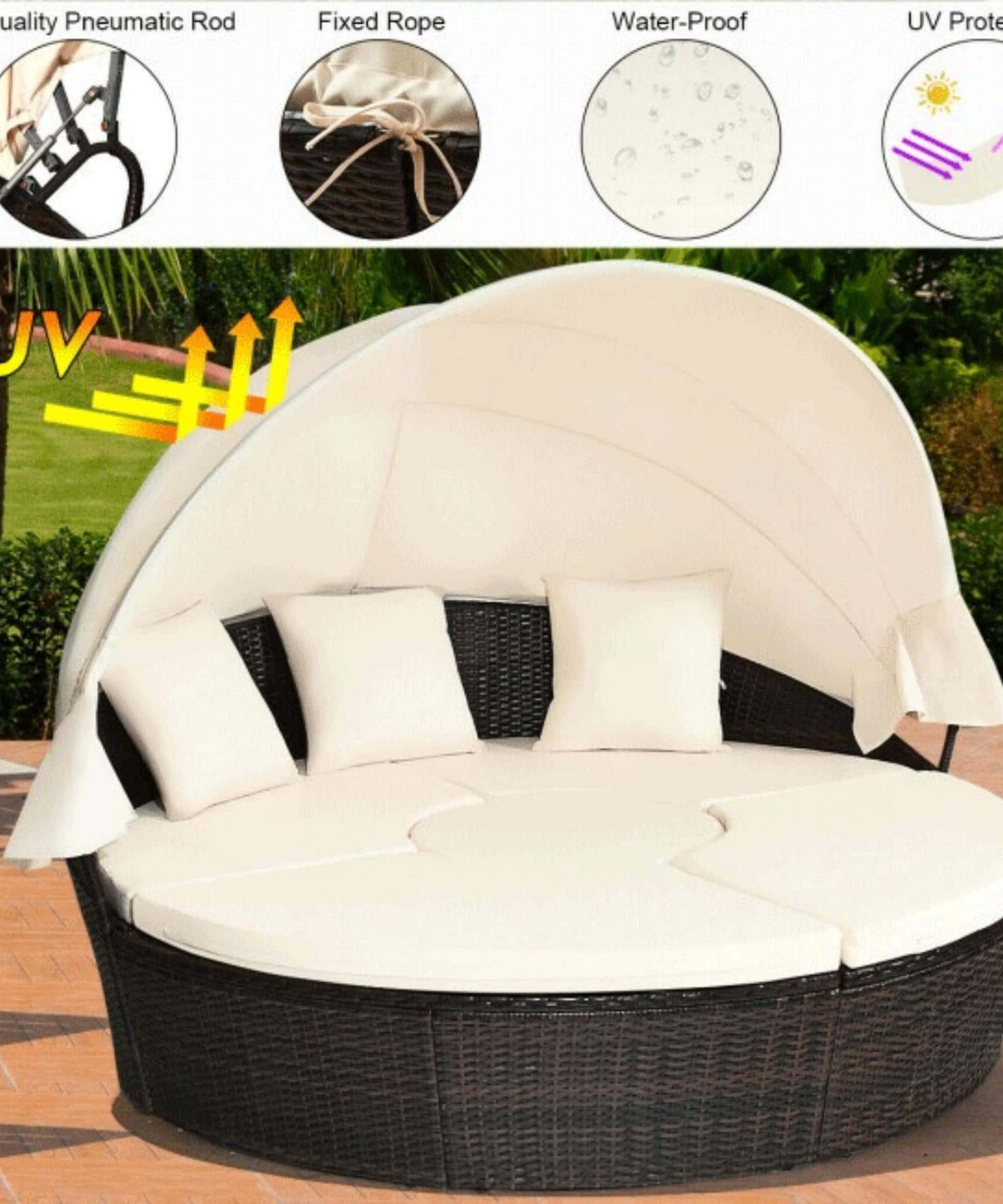 Alora Premium 76-Inch Round Outdoor Patio Rattan Daybed W/ Canopy & Table (SAK96418)