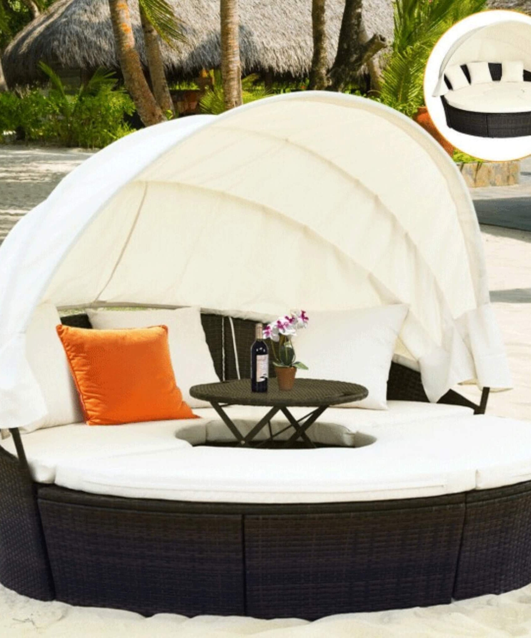 Alora Premium 76-Inch Round Outdoor Patio Rattan Daybed W/ Canopy & Table (SAK96418)