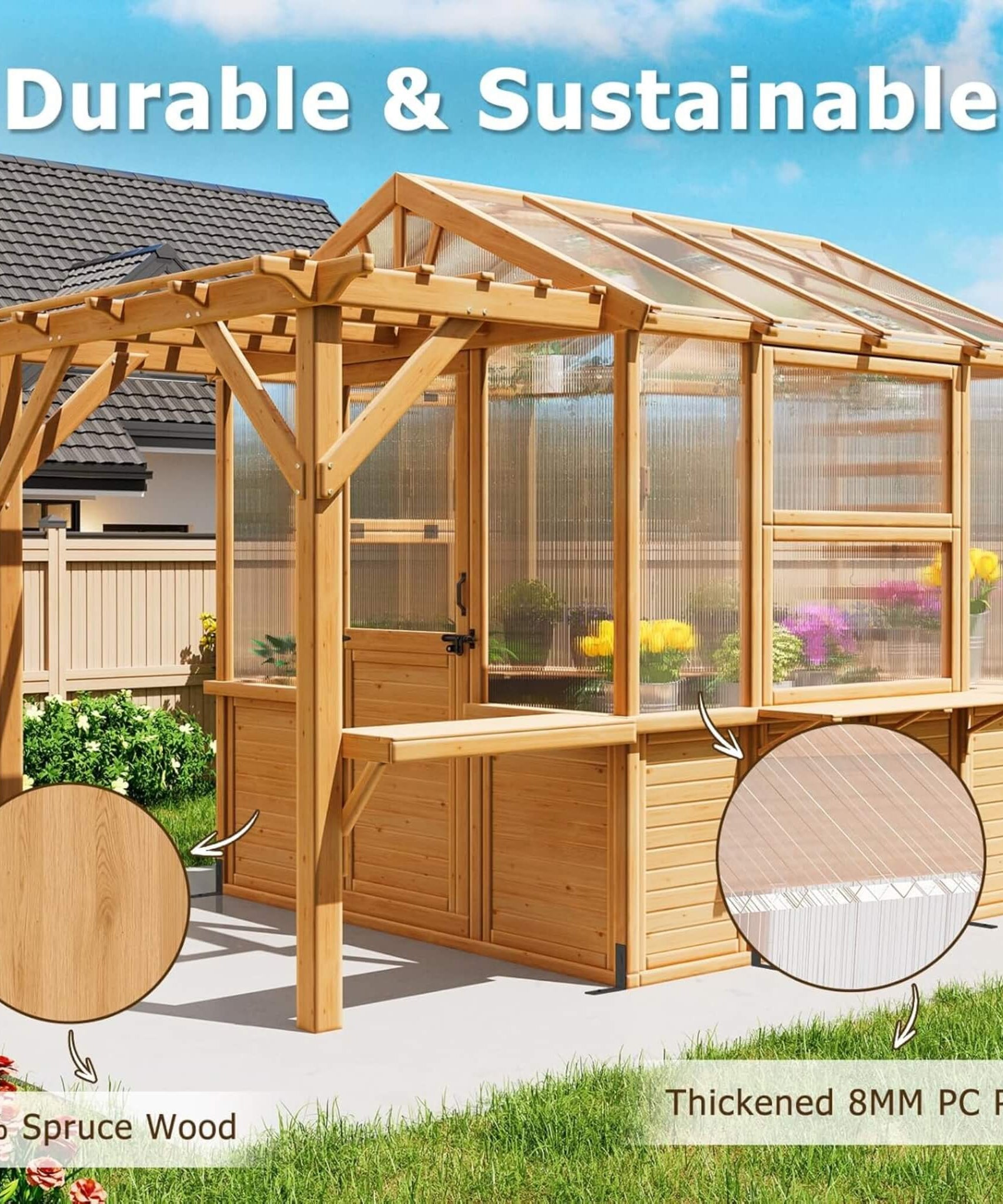 Premium Walk-In Spruce Wood Greenhouse With Pergola And Shelves (SAK75890)