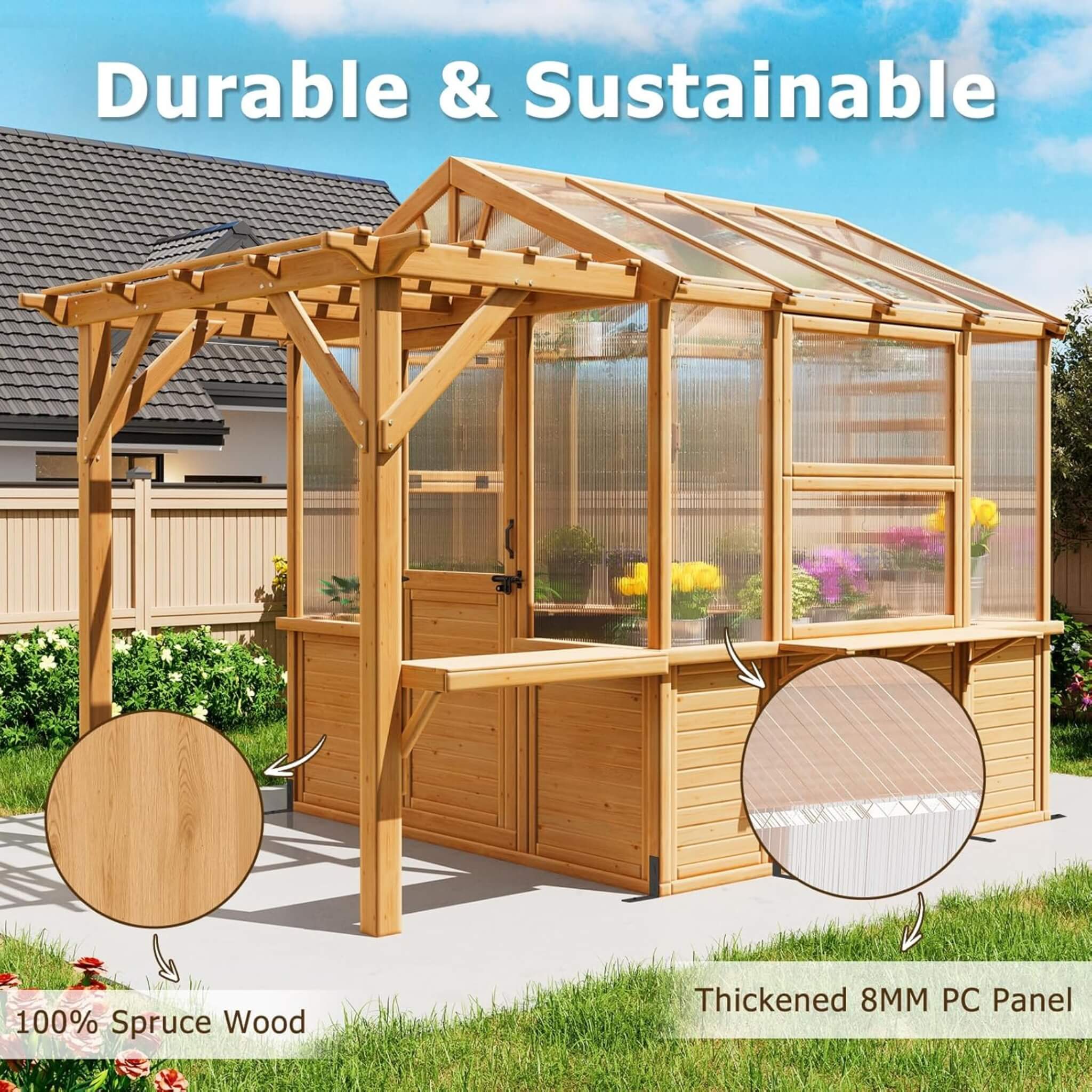 Premium Walk-In Spruce Wood Greenhouse With Pergola And Shelves (SAK75890)