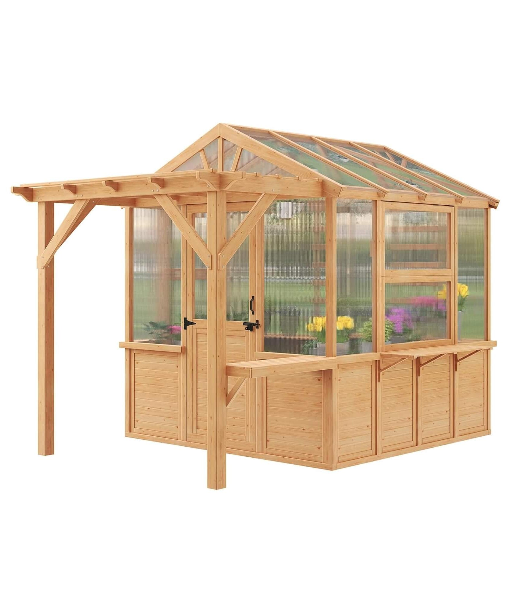 Premium Walk-In Spruce Wood Greenhouse With Pergola And Shelves (SAK75890)