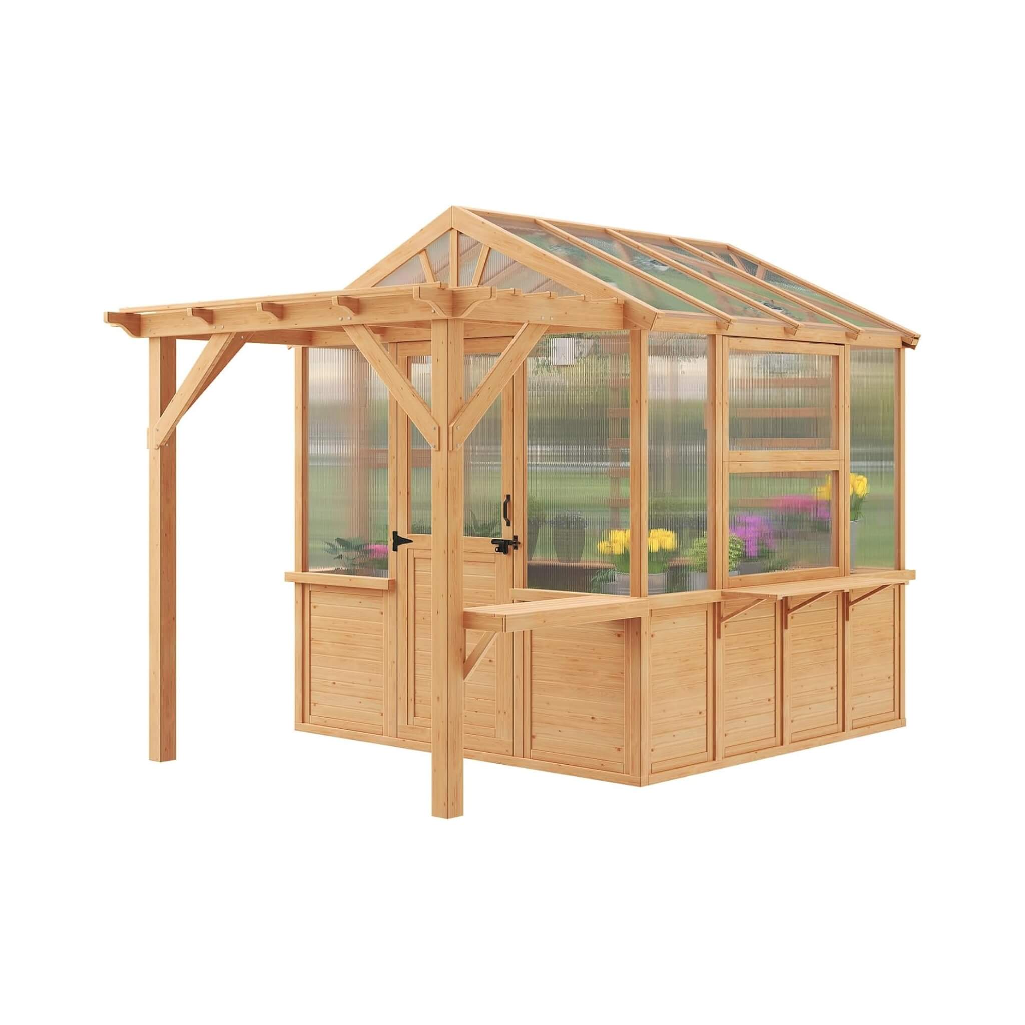 Premium Walk-In Spruce Wood Greenhouse With Pergola And Shelves (SAK75890)