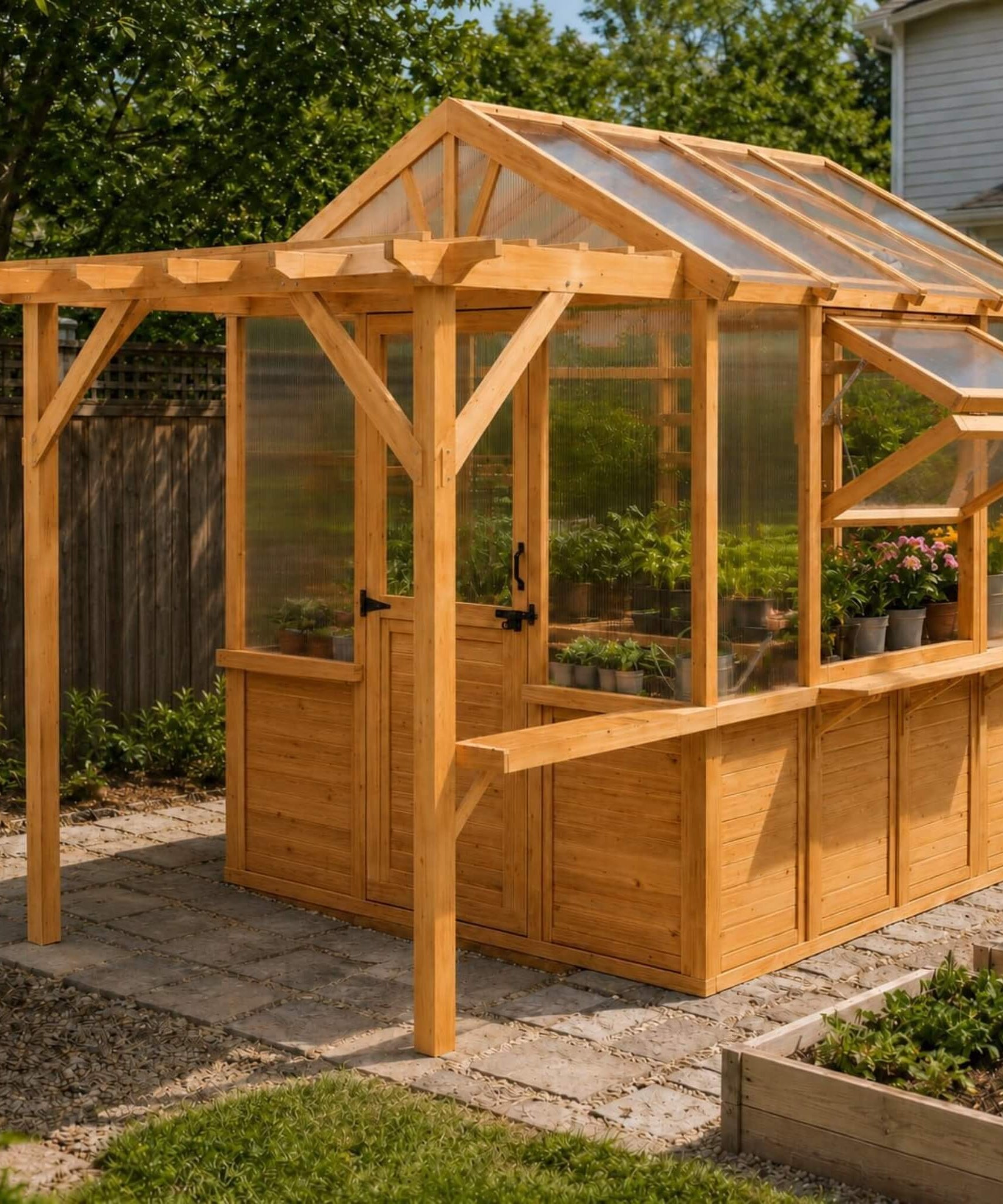 Premium Walk-In Spruce Wood Greenhouse With Pergola And Shelves (SAK75890)