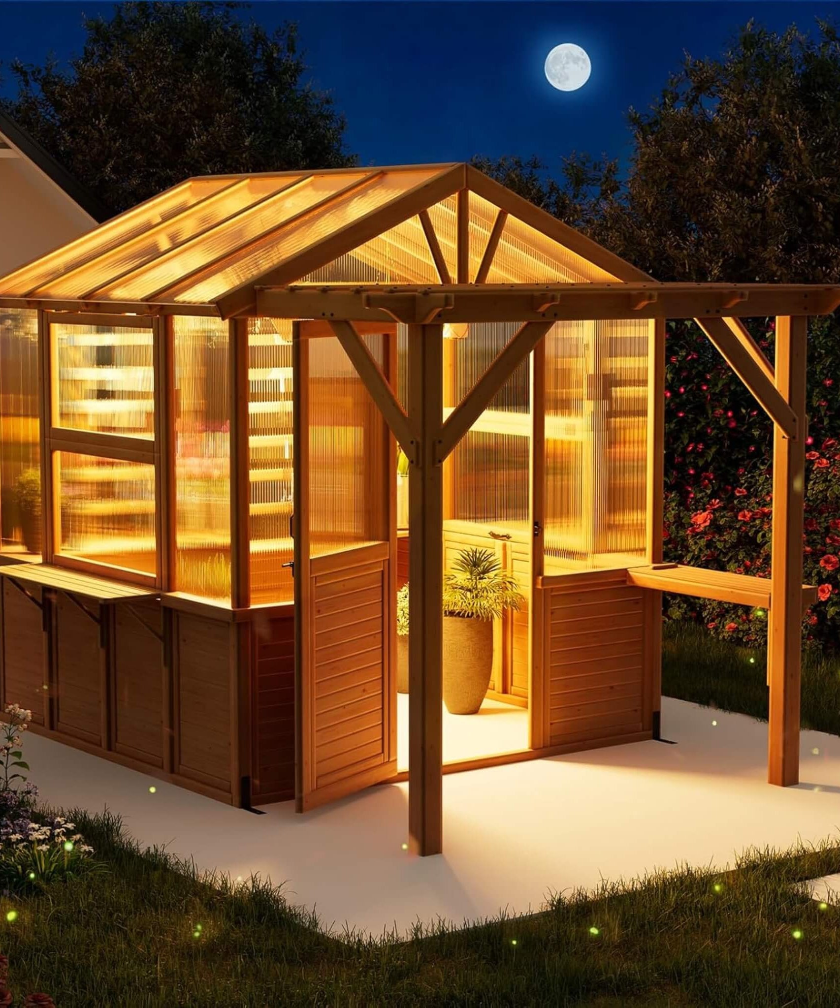 Premium Walk-In Spruce Wood Greenhouse With Pergola And Shelves (SAK75890)