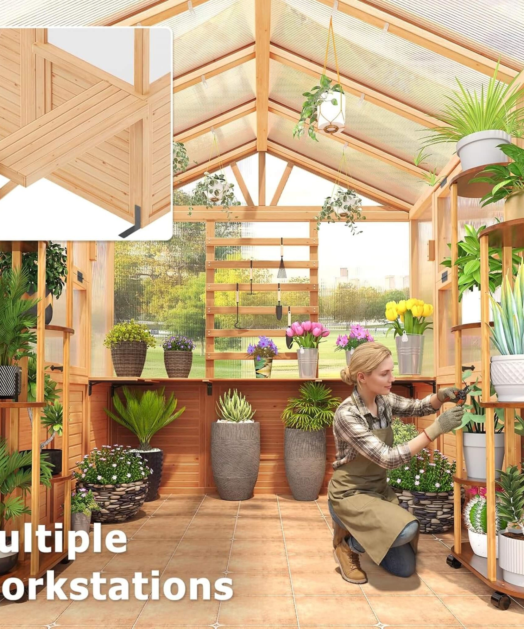 Premium Walk-In Spruce Wood Greenhouse With Pergola And Shelves (SAK75890)