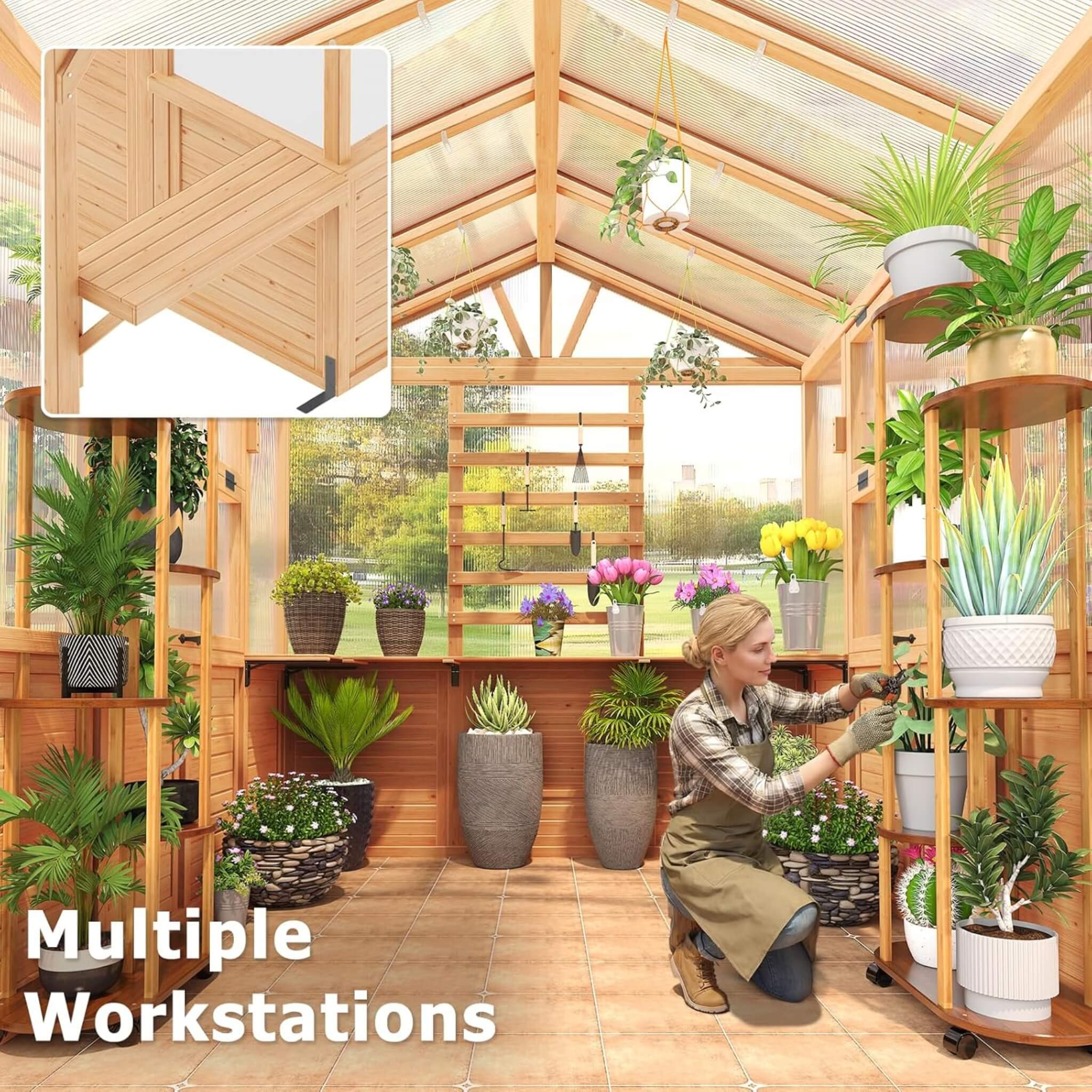Premium Walk-In Spruce Wood Greenhouse With Pergola And Shelves (SAK75890)