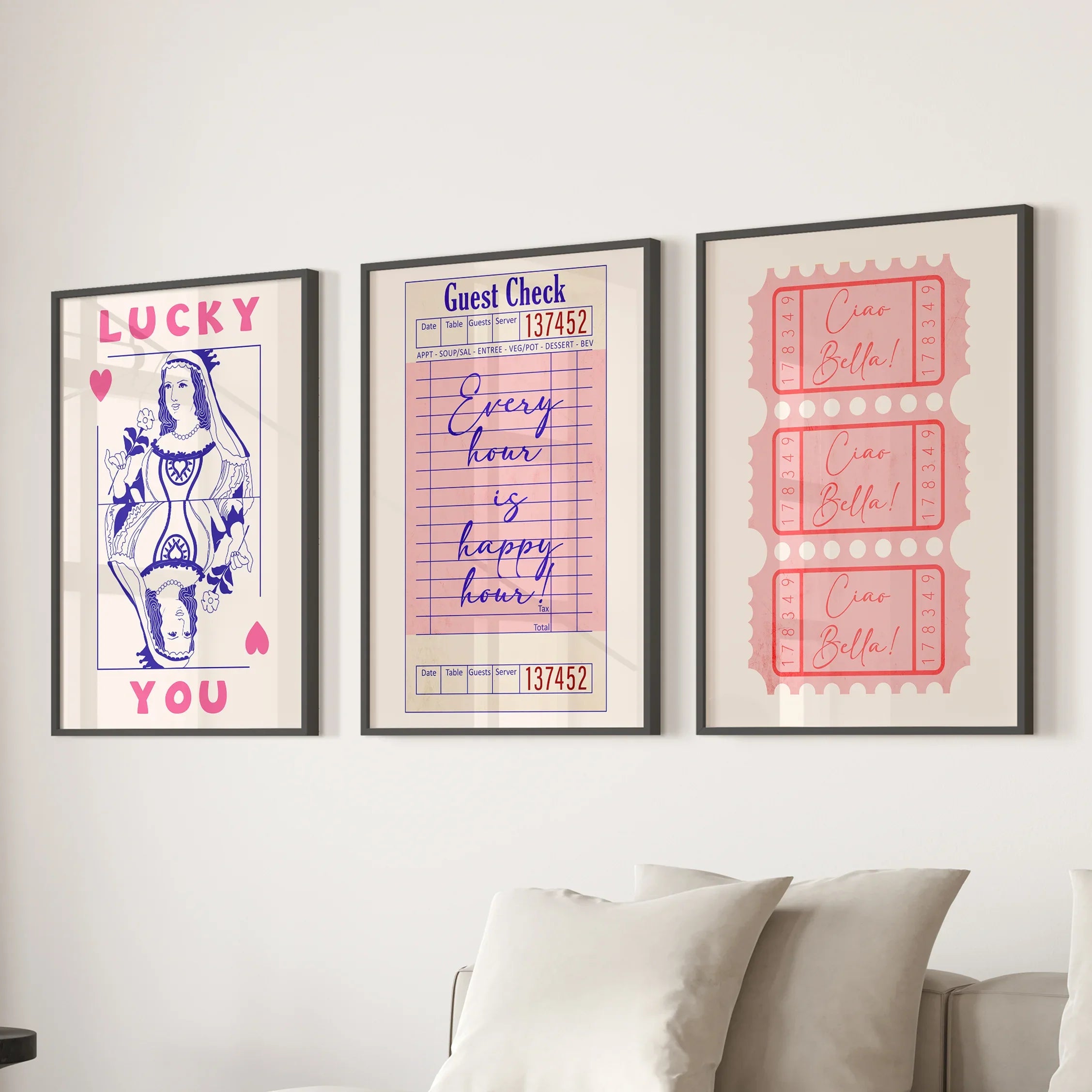 Guest Check, Playing Card Art. Retro Dopamine Set of 3 Prints