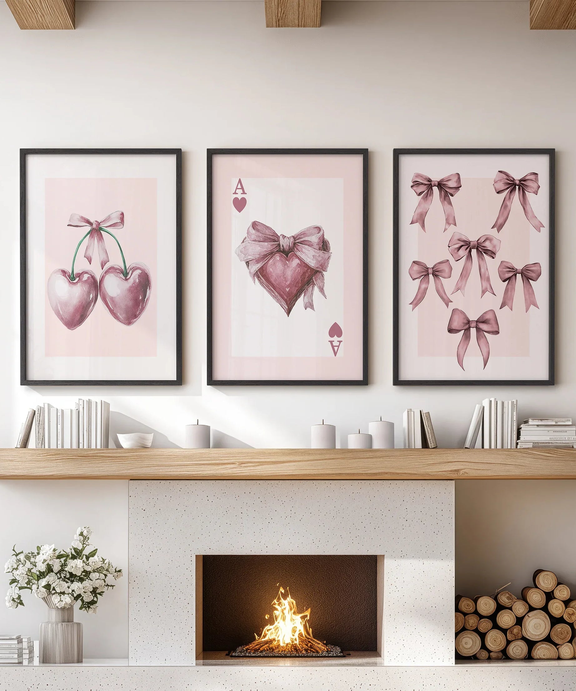 Coquette Cherry Wall Art Set of 3. Pink Romantic Decor