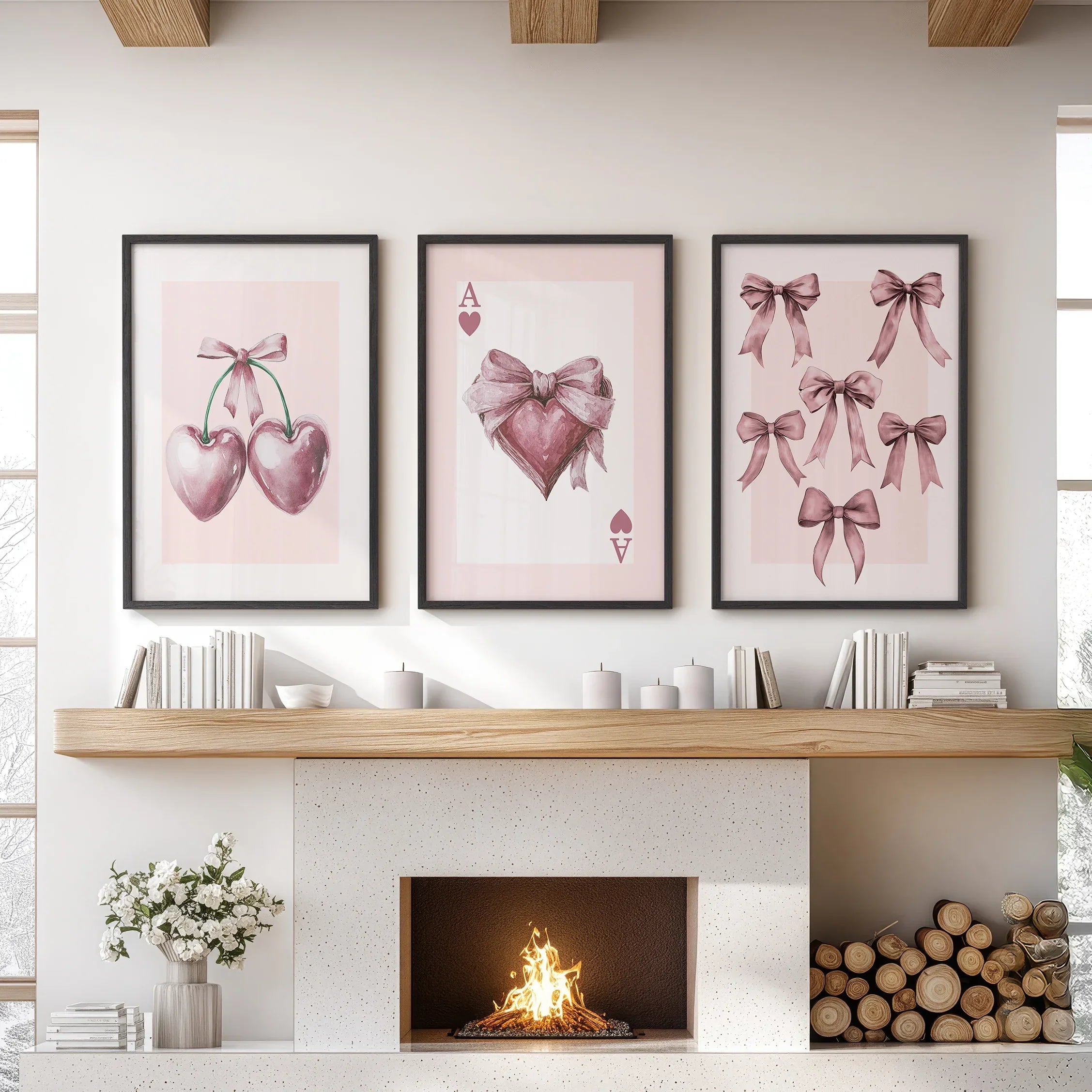 Coquette Cherry Wall Art Set of 3. Pink Romantic Decor