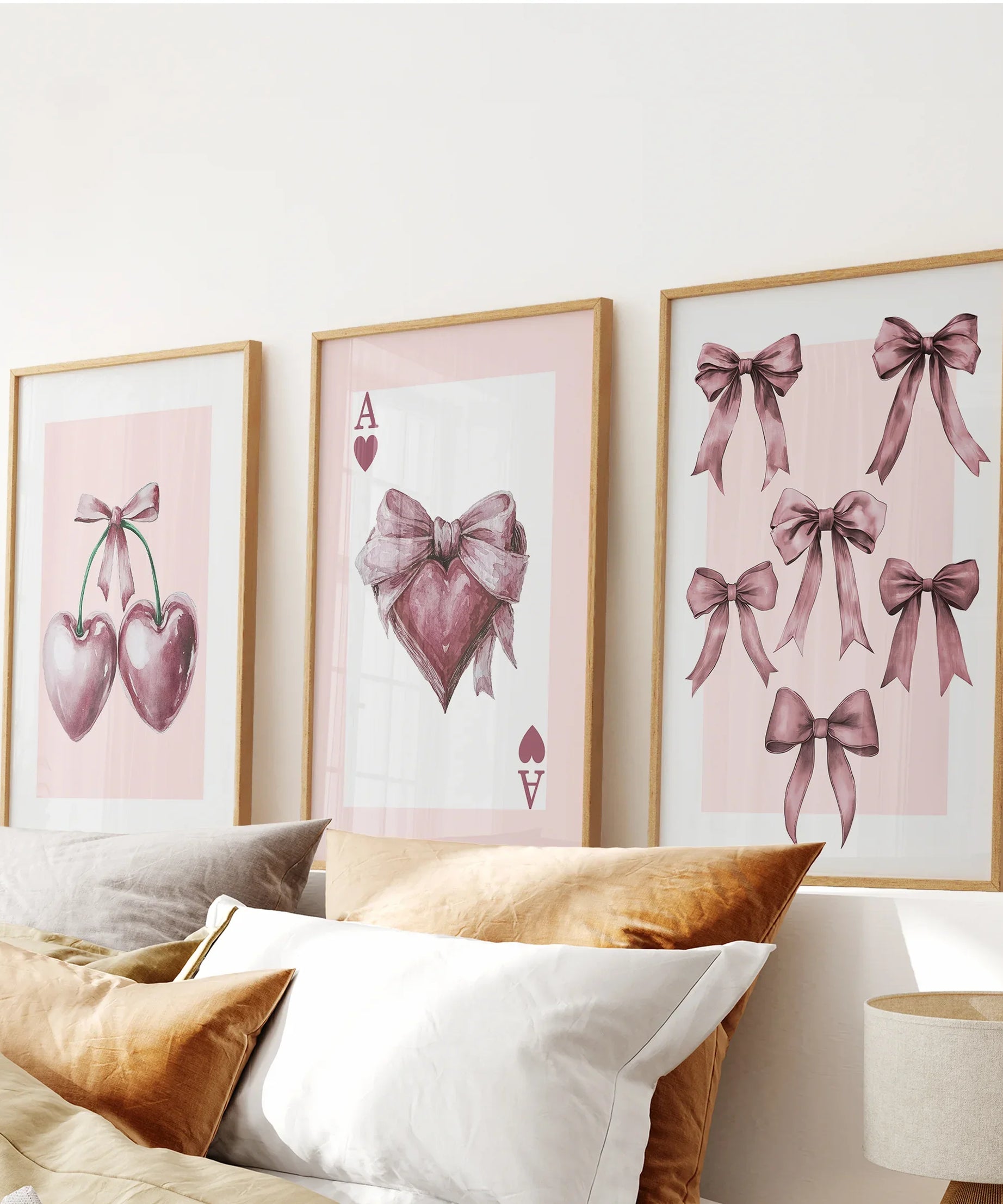 Coquette Cherry Wall Art Set of 3. Pink Romantic Decor