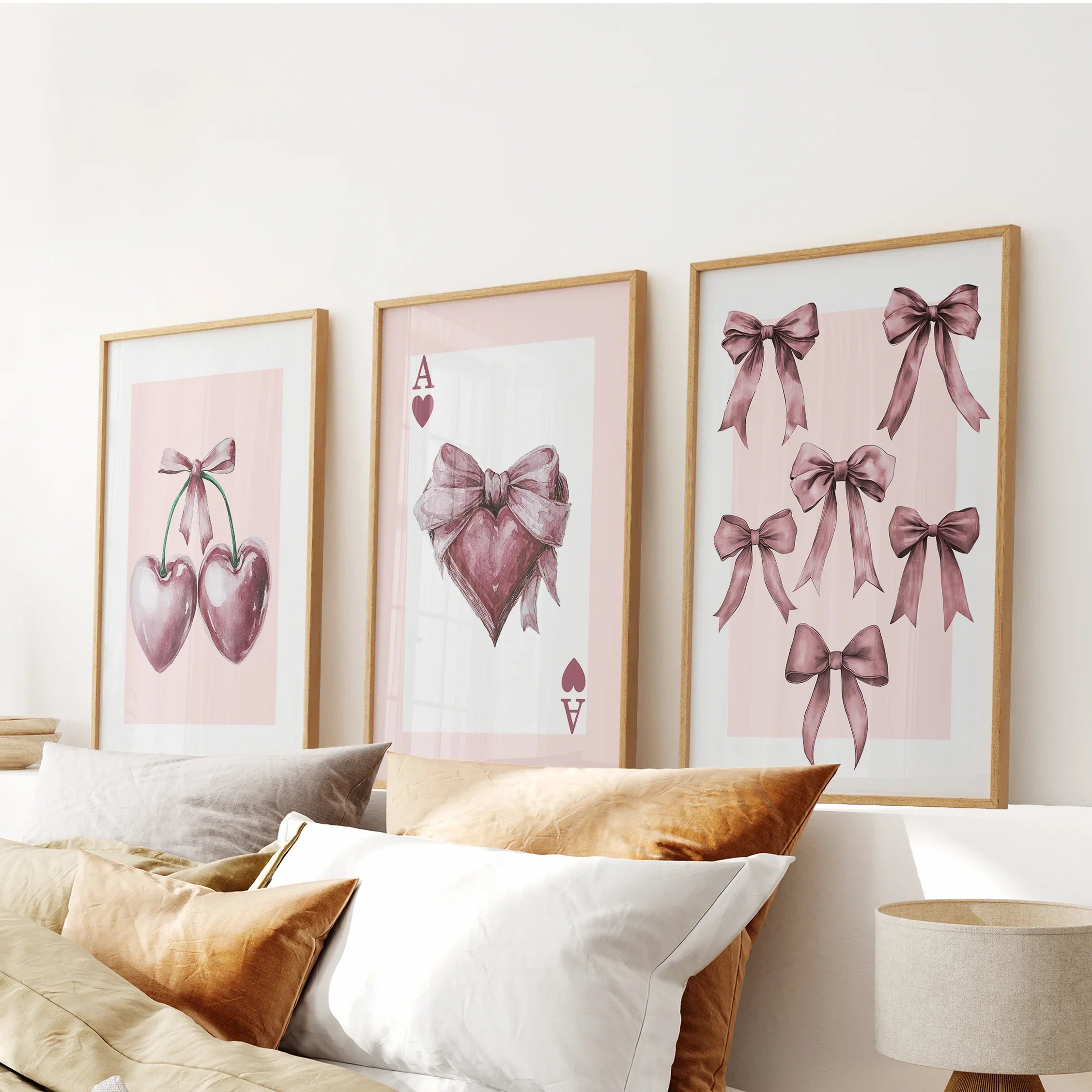 Coquette Cherry Wall Art Set of 3. Pink Romantic Decor