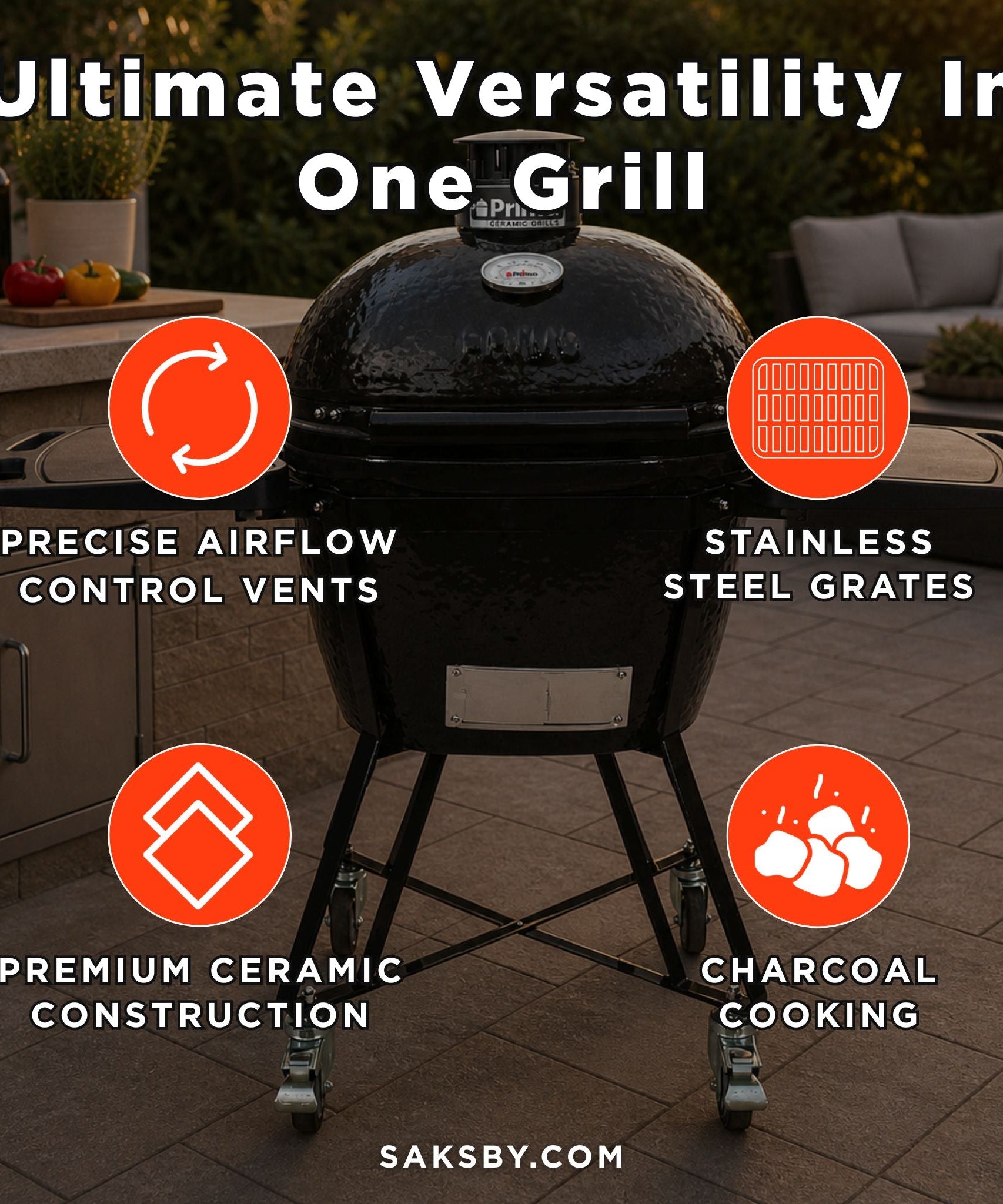 Primo Oval Large 300 All-In-One Ceramic Kamado Grill W/ Cradle, Side Shelves & Stainless Steel Grates [PGCLGC] (SAK21293)