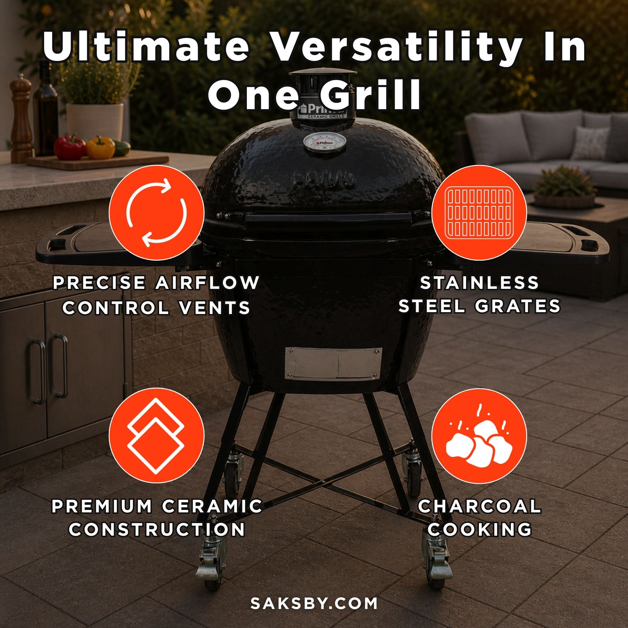 Primo Oval Large 300 All-In-One Ceramic Kamado Grill W/ Cradle, Side Shelves & Stainless Steel Grates [PGCLGC] (SAK21293)