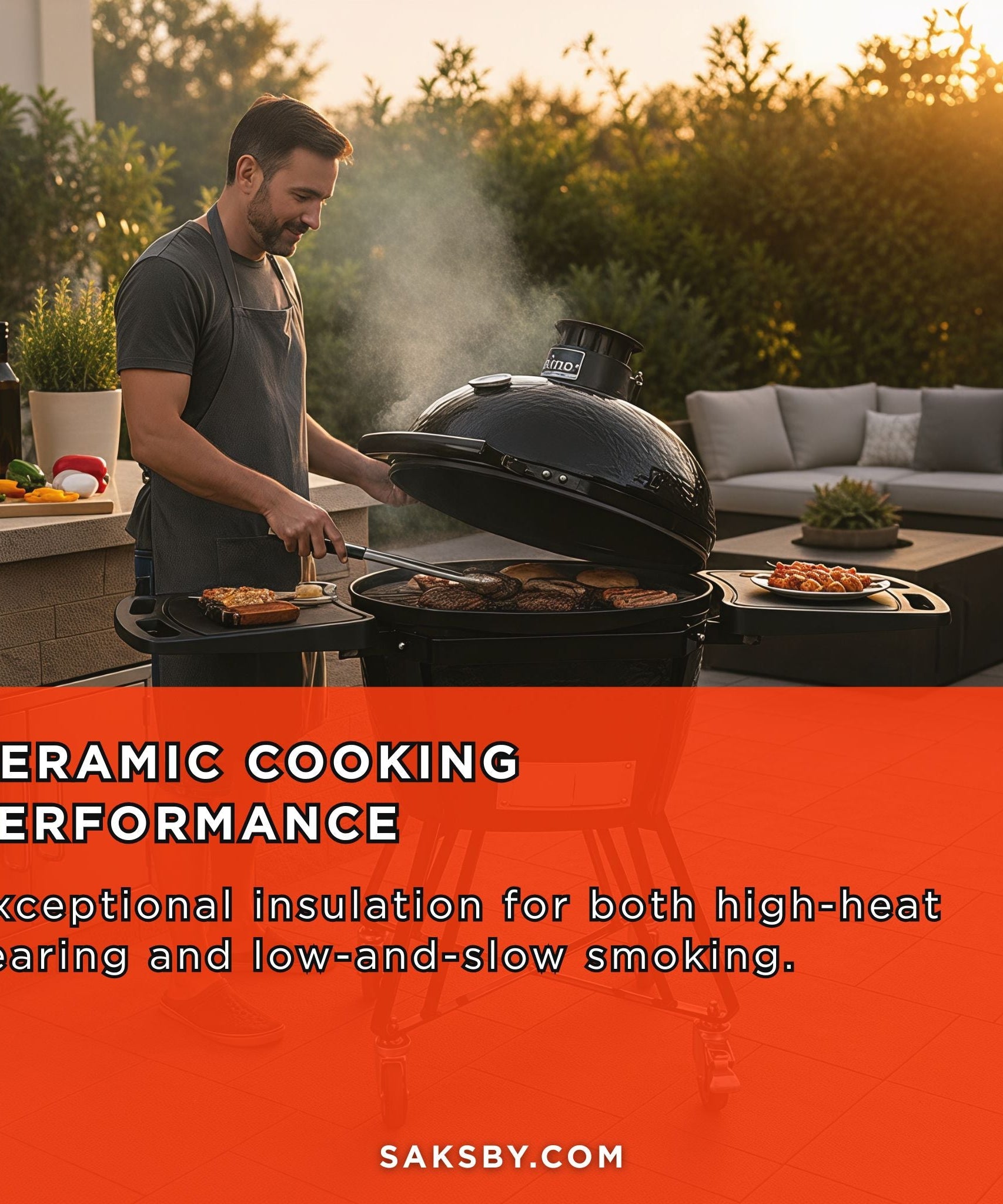 Primo Oval Large 300 All-In-One Ceramic Kamado Grill W/ Cradle, Side Shelves & Stainless Steel Grates [PGCLGC] (SAK21293)