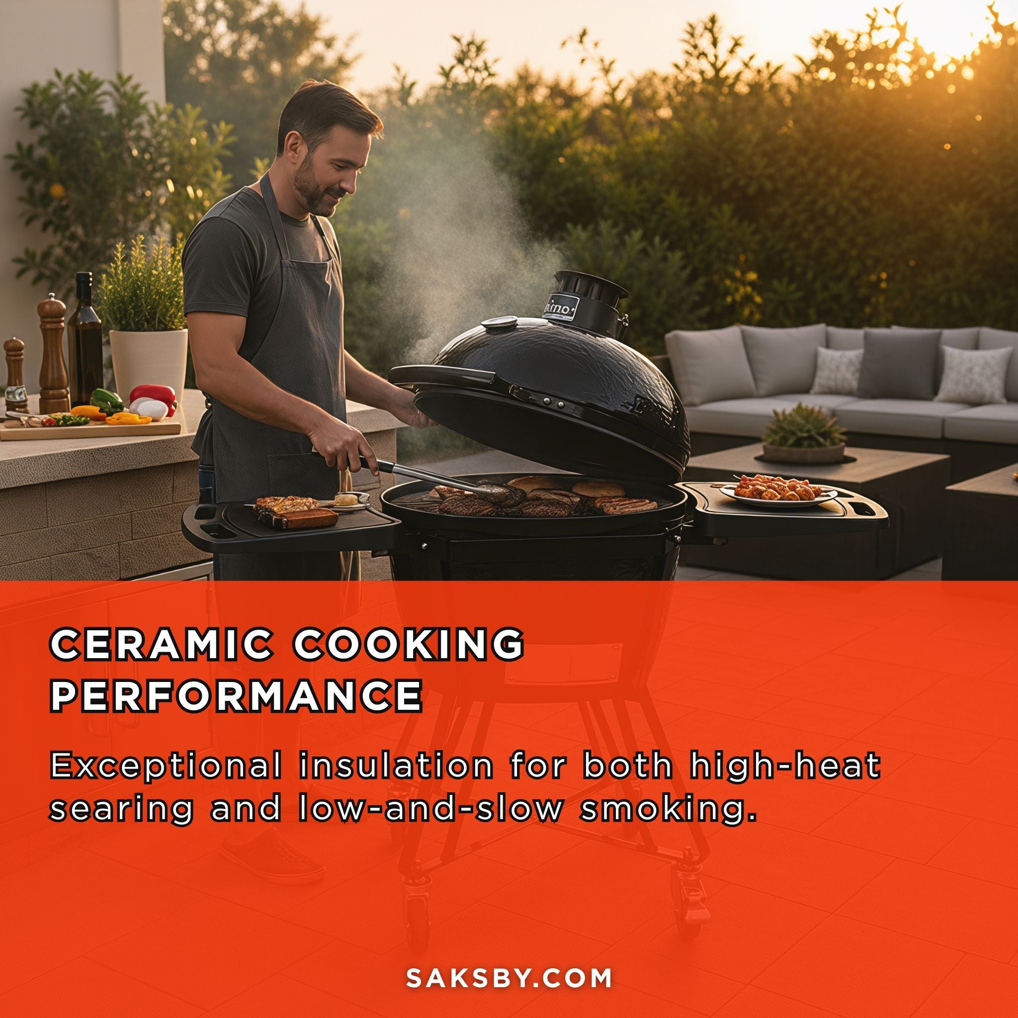 Primo Oval Large 300 All-In-One Ceramic Kamado Grill W/ Cradle, Side Shelves & Stainless Steel Grates [PGCLGC] (SAK21293)