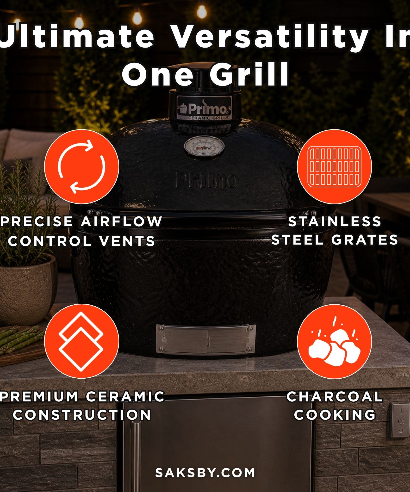 Primo Oval Large 300 Ceramic Kamado BBQ Grill W/ Stainless Steel Grates [PGCLGH] (SAK14871)
