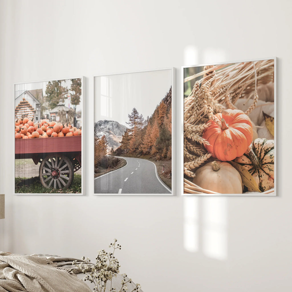 Autumn Pumpkin Set of 3 Prints. Rustic Fall Harvest Decor