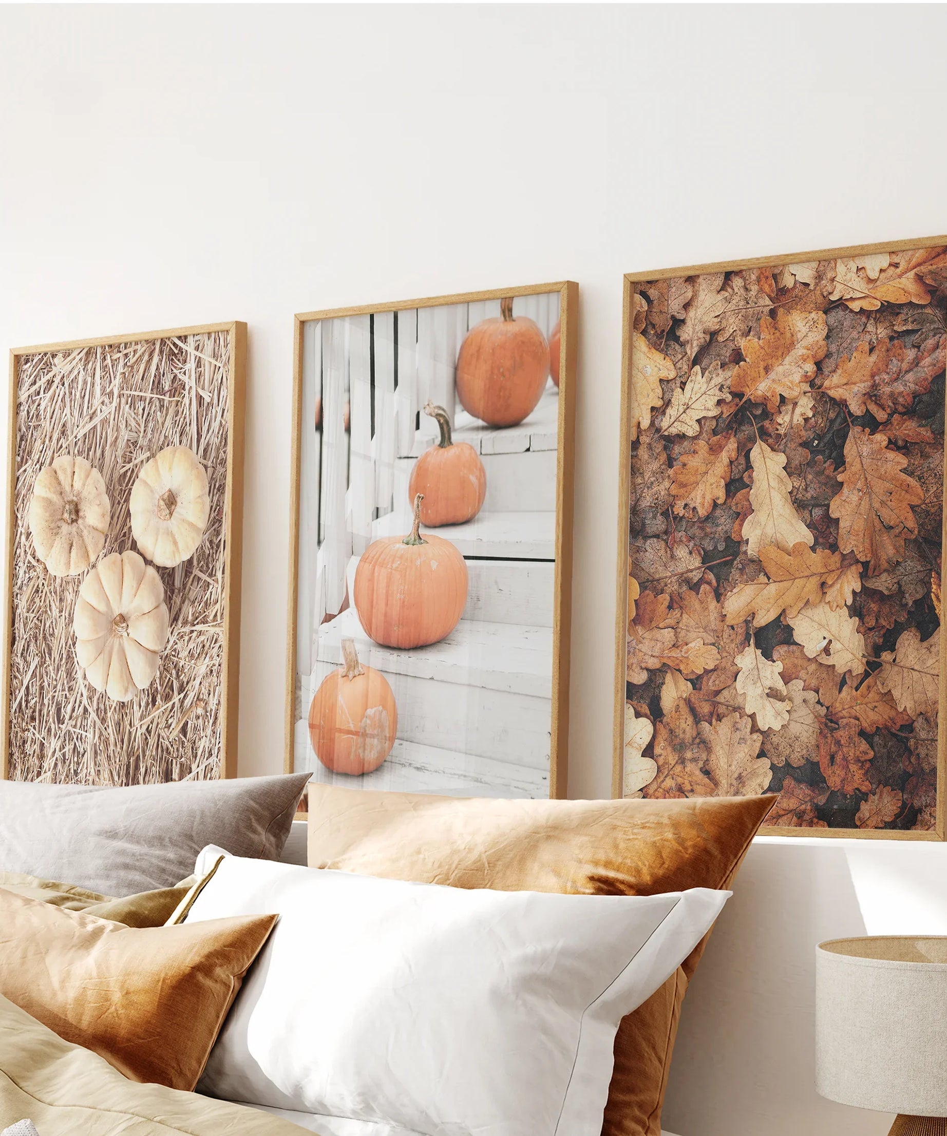 Cozy Fall Wall Art Set of 3. Pumpkins and Autumn Leaves