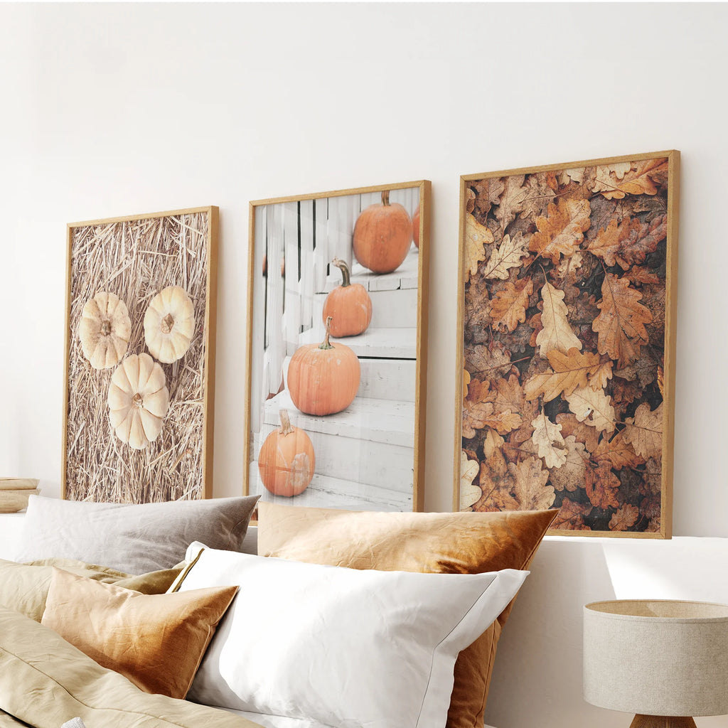 Cozy Fall Wall Art Set of 3. Pumpkins and Autumn Leaves