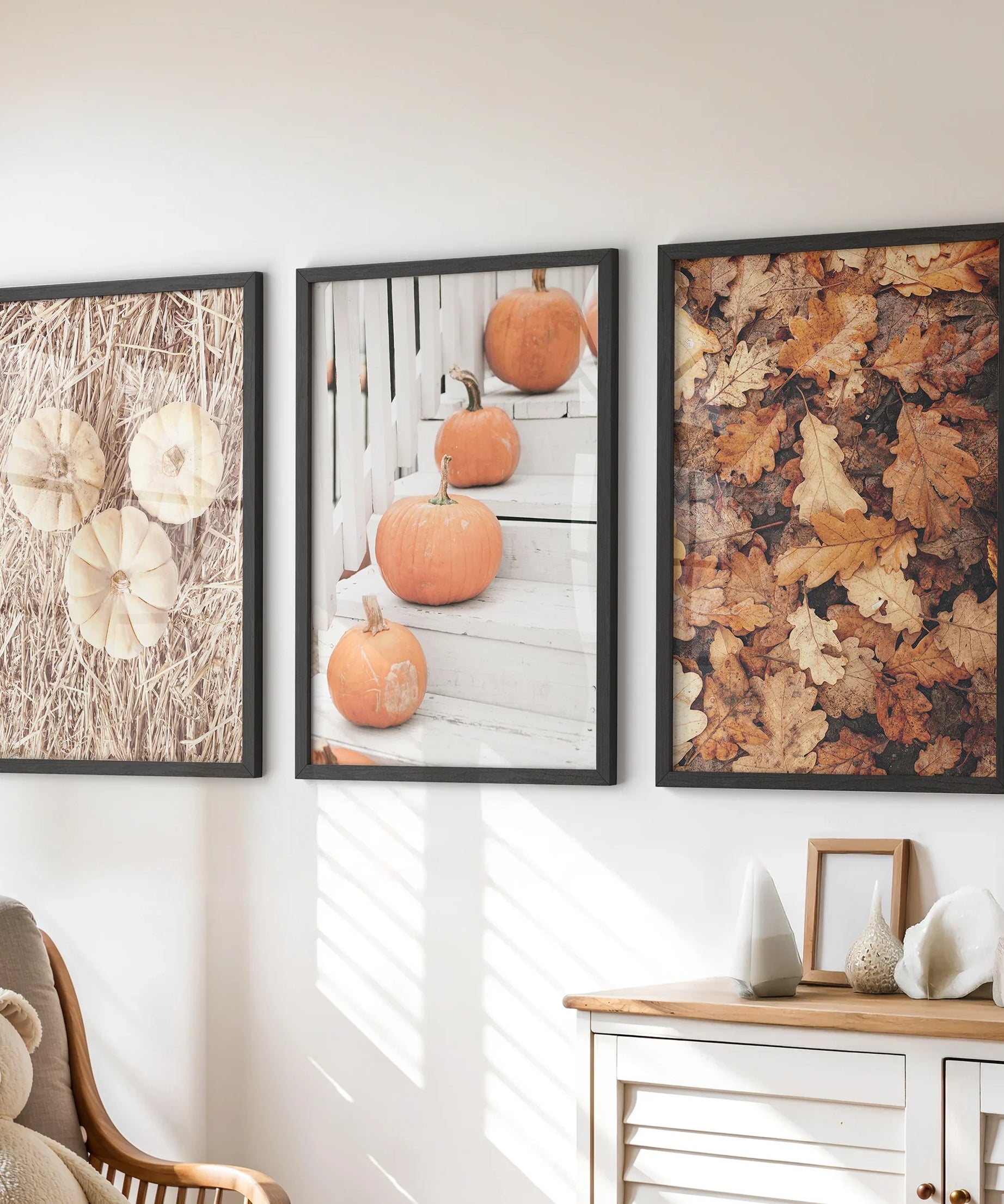 Cozy Fall Wall Art Set of 3. Pumpkins and Autumn Leaves