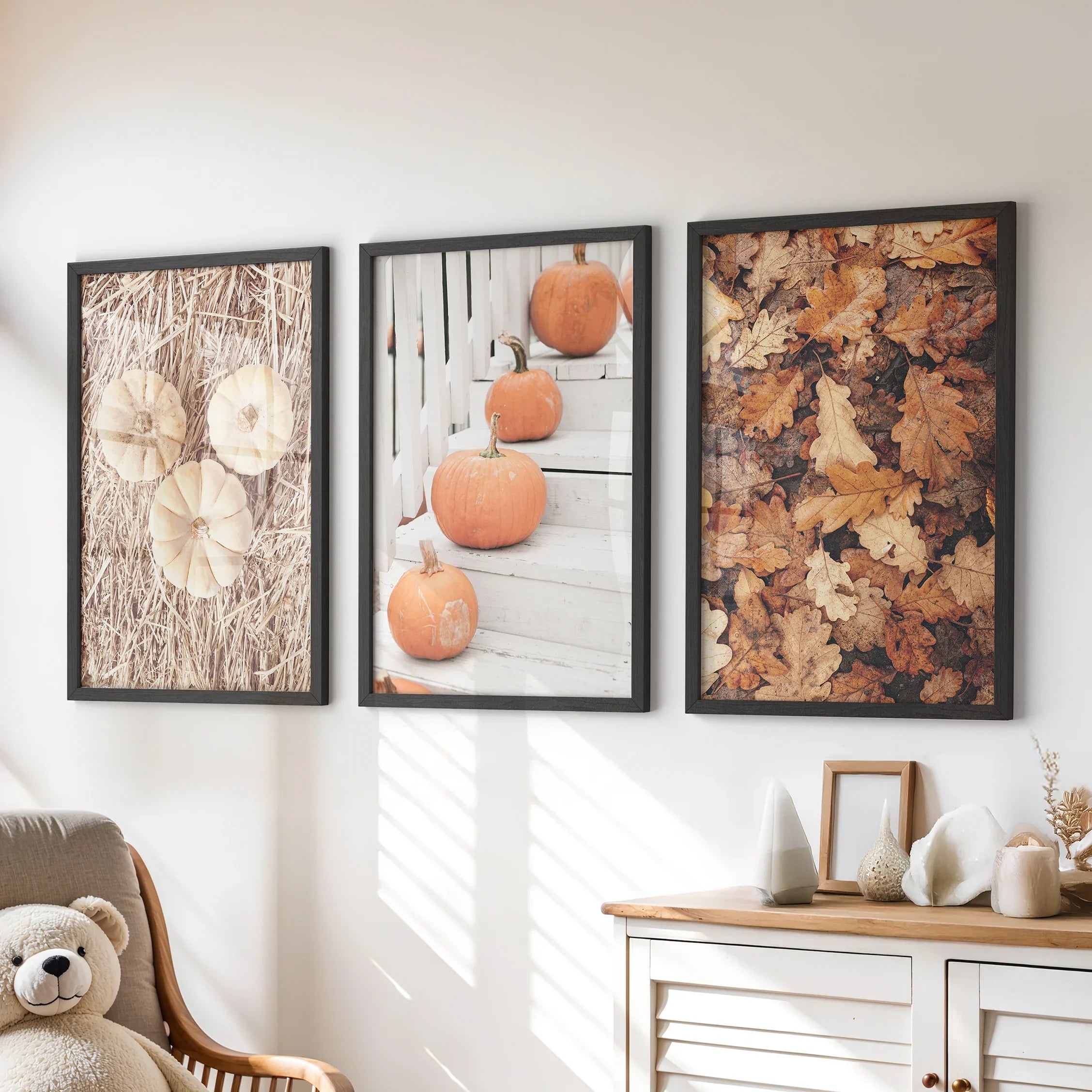 Cozy Fall Wall Art Set of 3. Pumpkins and Autumn Leaves
