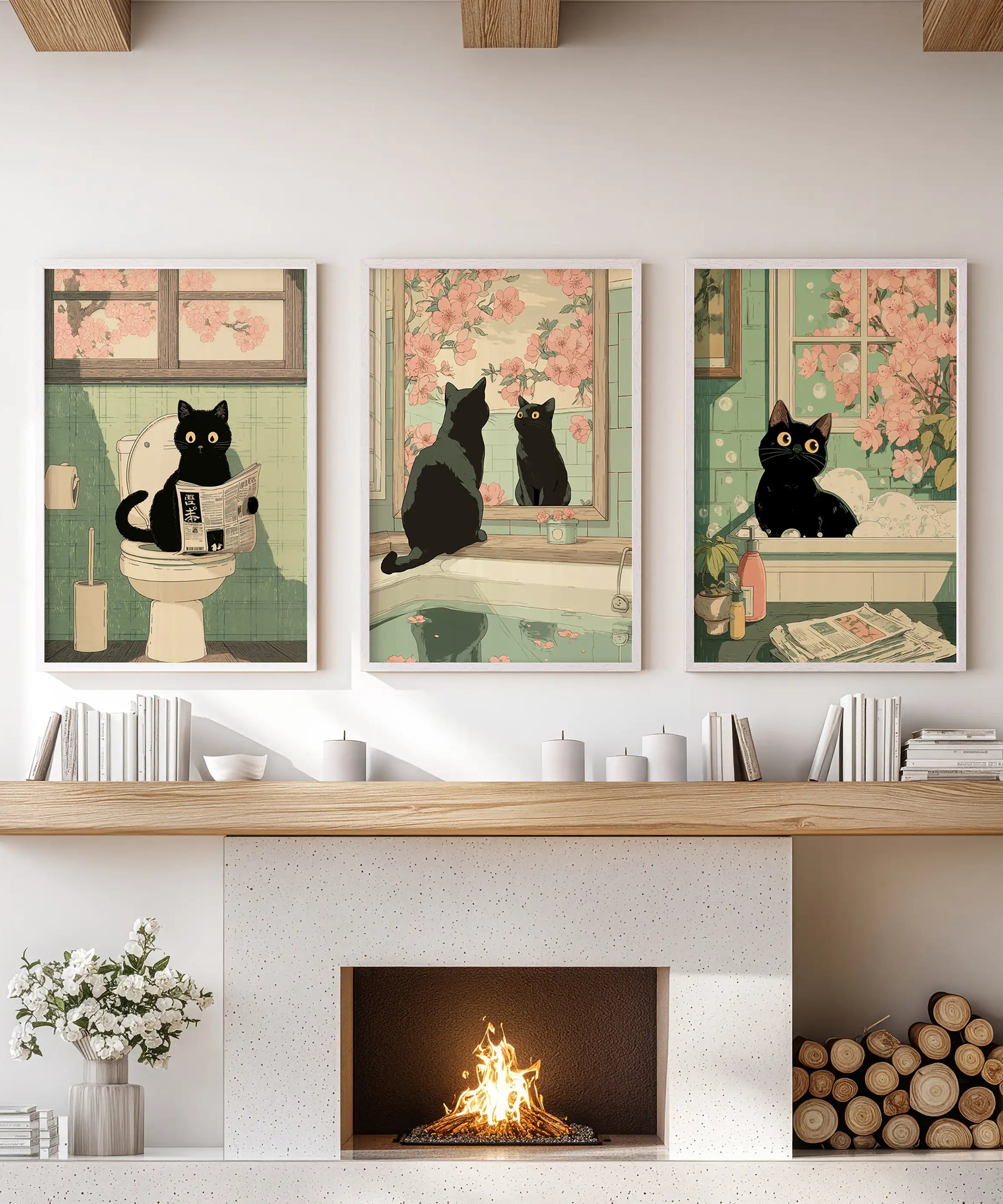 Funny Bathroom Poster. Japan Cat Pooping Wall Art Set of 3