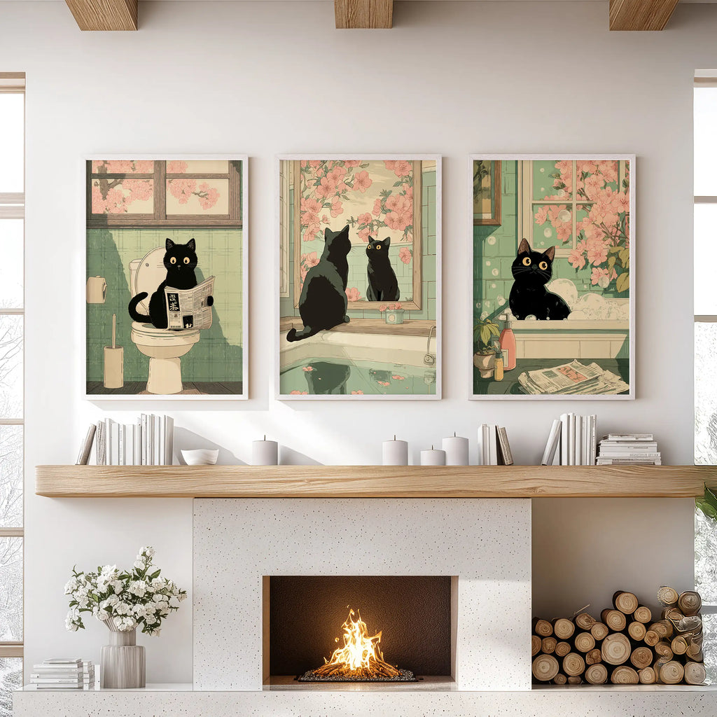 Funny Bathroom Poster. Japan Cat Pooping Wall Art Set of 3
