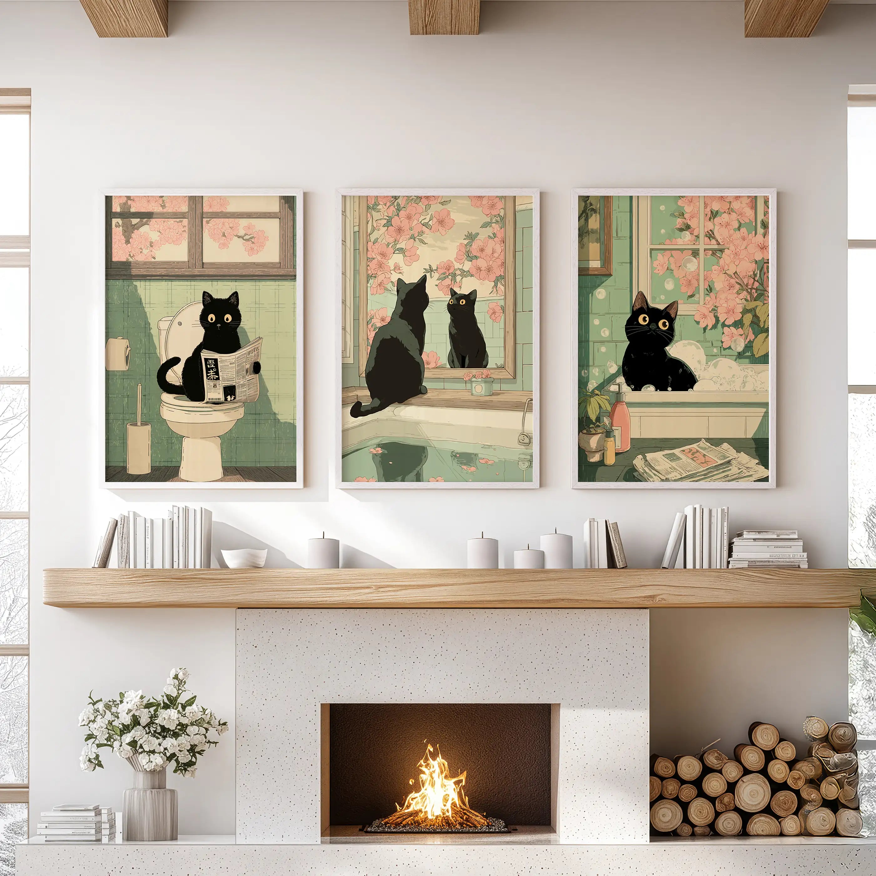 Funny Bathroom Poster. Japan Cat Pooping Wall Art Set of 3