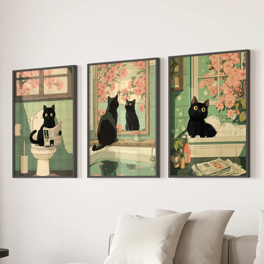 Funny Bathroom Poster. Japan Cat Pooping Wall Art Set of 3