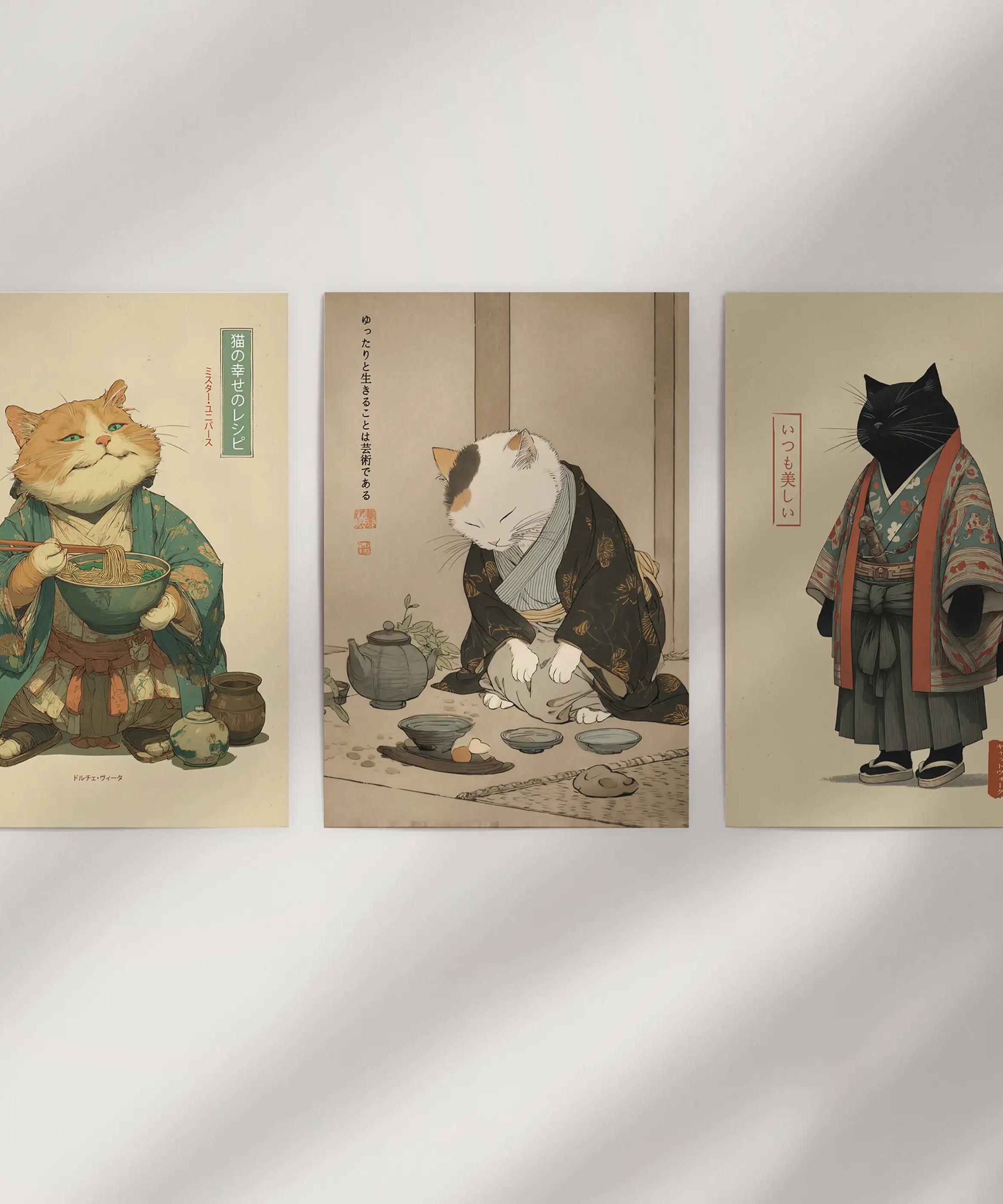 Japanese Ukiyo-e Style Cat Wall Art Set of 3. Tea Ceremony