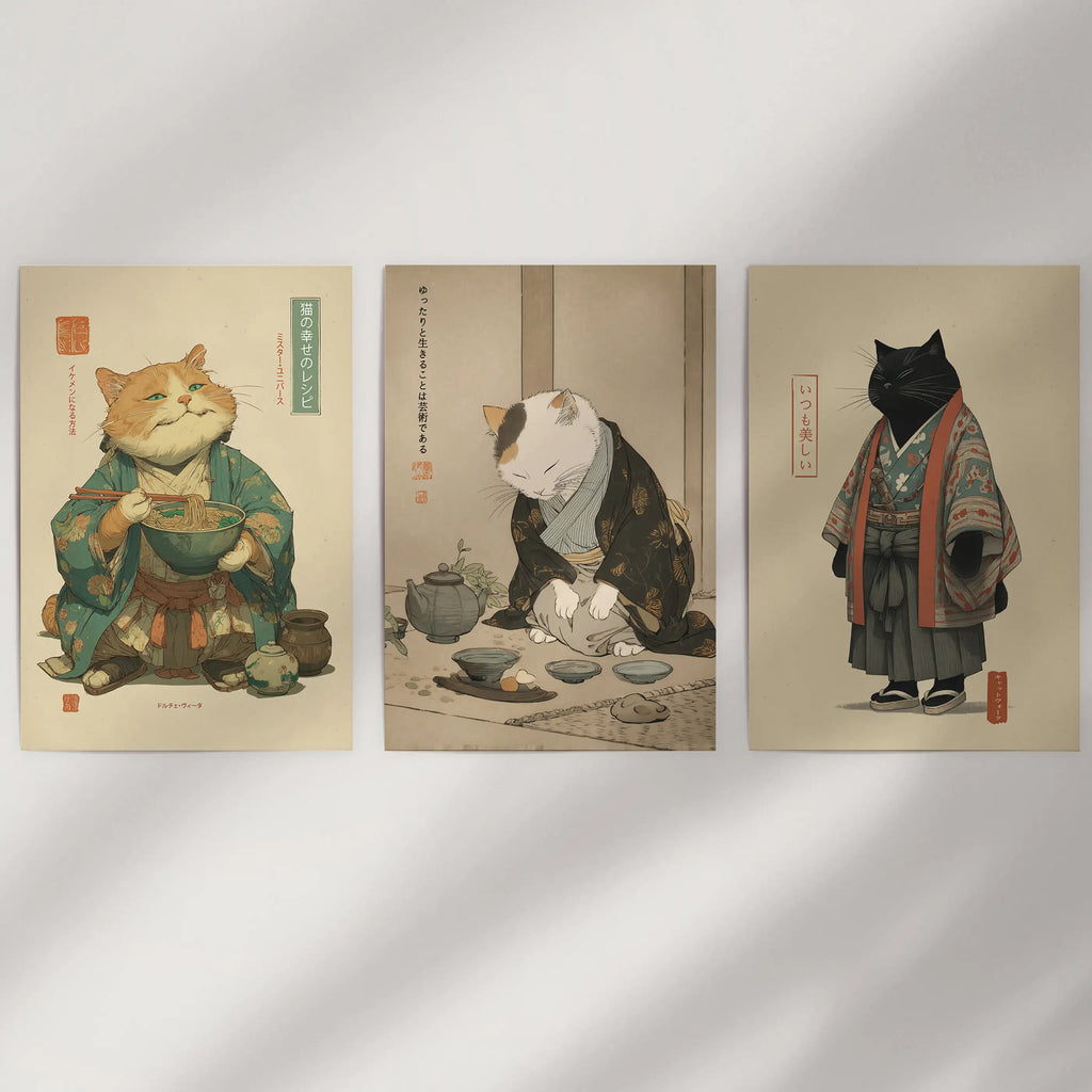 Japanese Ukiyo-e Style Cat Wall Art Set of 3. Tea Ceremony