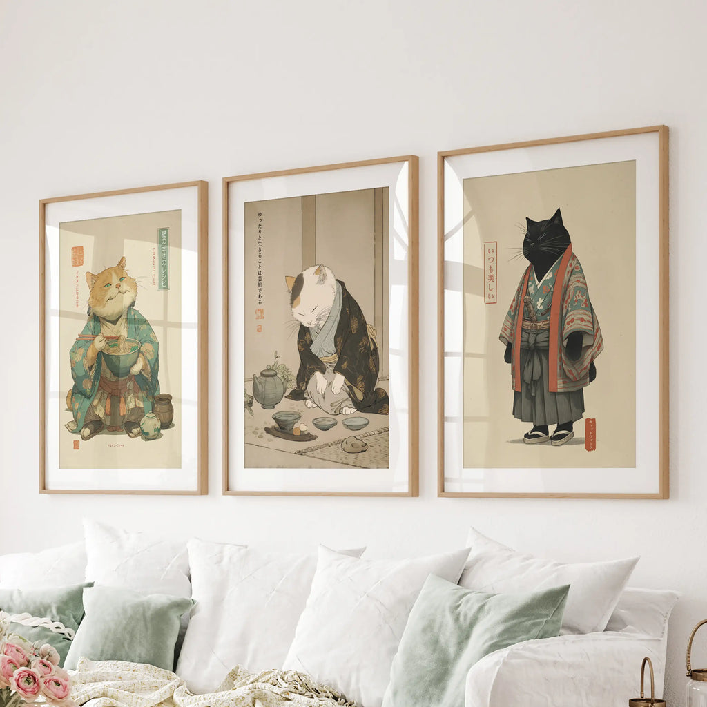 Japanese Ukiyo-e Style Cat Wall Art Set of 3. Tea Ceremony