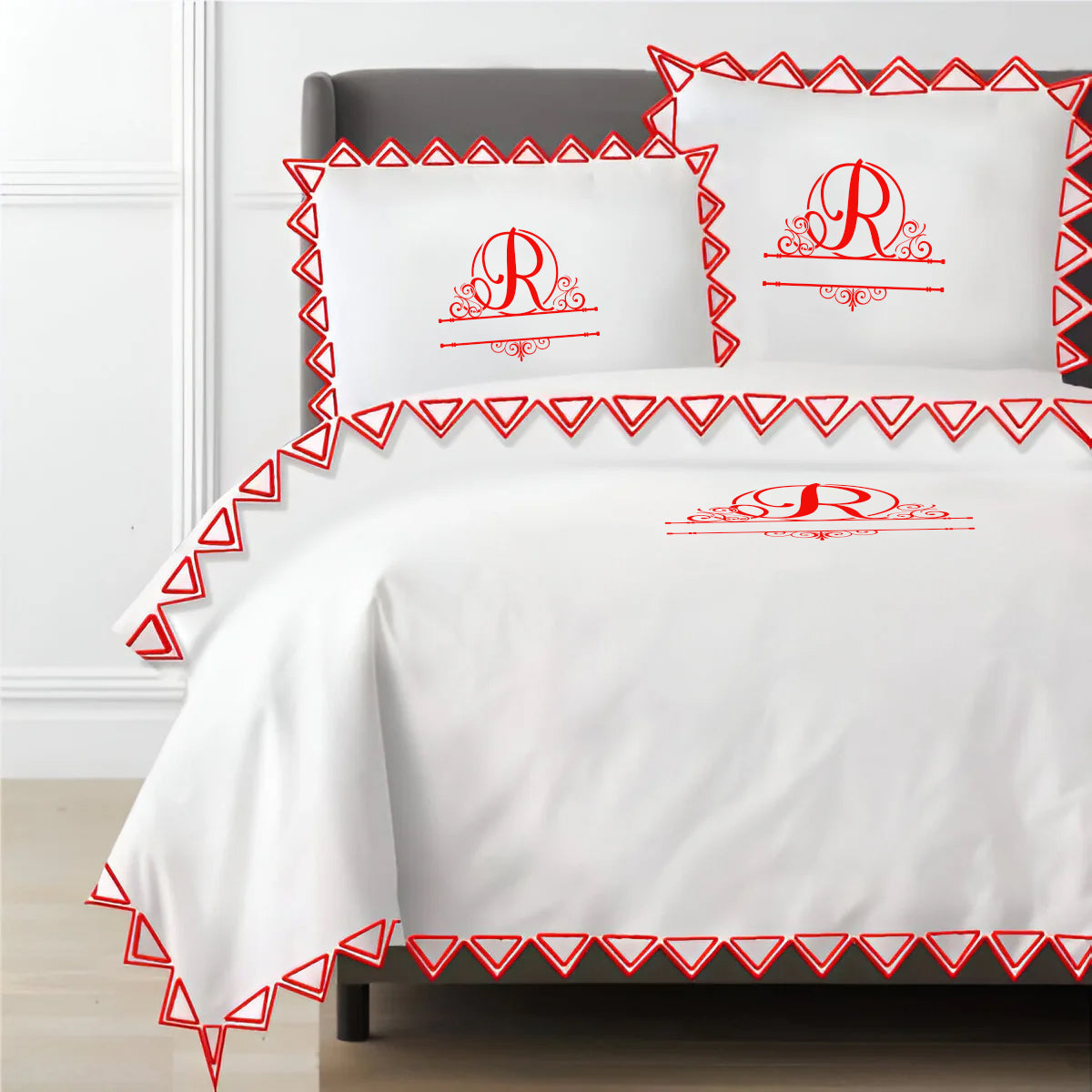 Monogram Ashley 400TC Cotton Traingle Embroidery Sateen Solid Duvet Cover Set