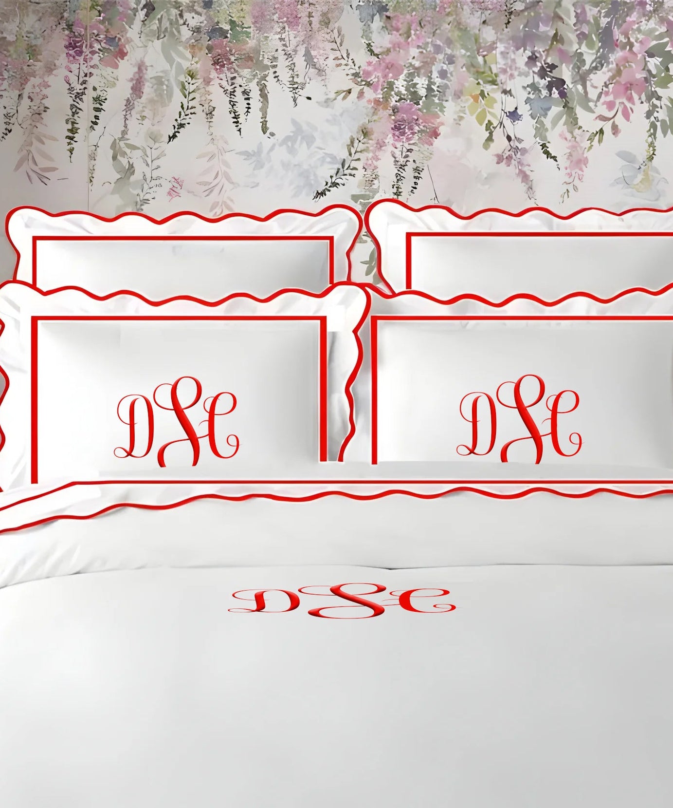 Monogram 400TC Cotton Scallop Embroidery & Border Sateen Solid Duvet Cover Set