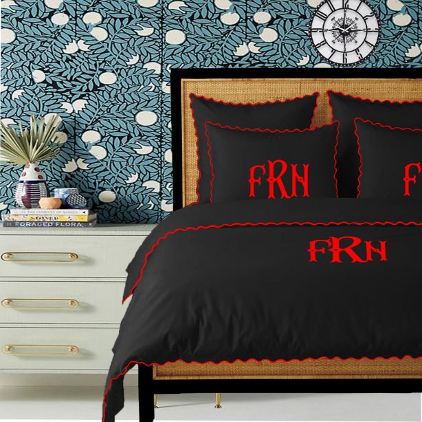 Monogram Black 400TC Cotton Small Scallop Embroidery Duvet Cover Set