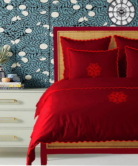 Monogram Burgundy 400TC Cotton Small Scallop Embroidery Duvet Cover Set