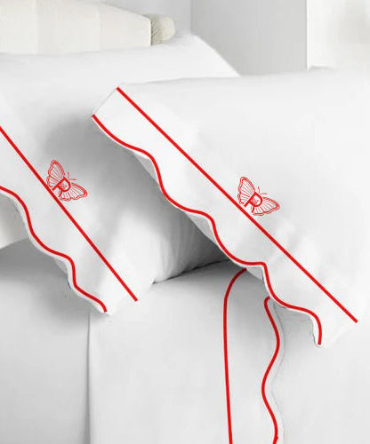 Monogram 400TC Cotton Scallop Embroidery & Border Sateen Solid Sheet Set