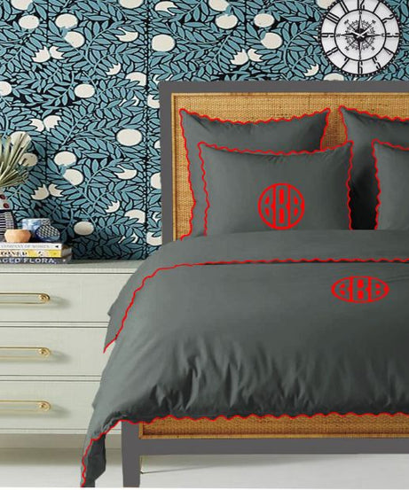 Monogram Dark Grey 400TC Cotton Small Scallop Embroidery Duvet Cover Set